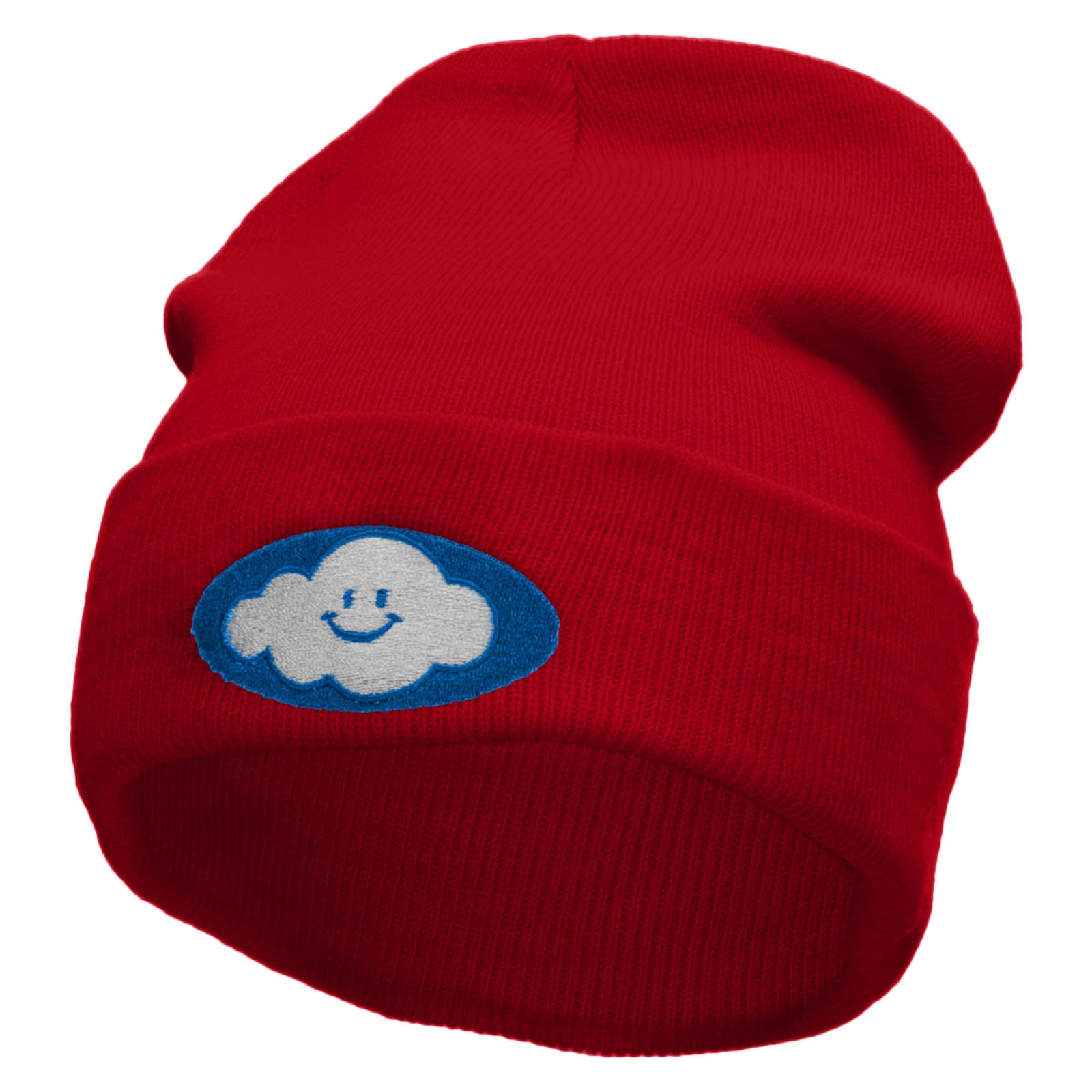 Smile Cloud Embroidered 12 Inch Long Knitted Beanie - Red OSFM