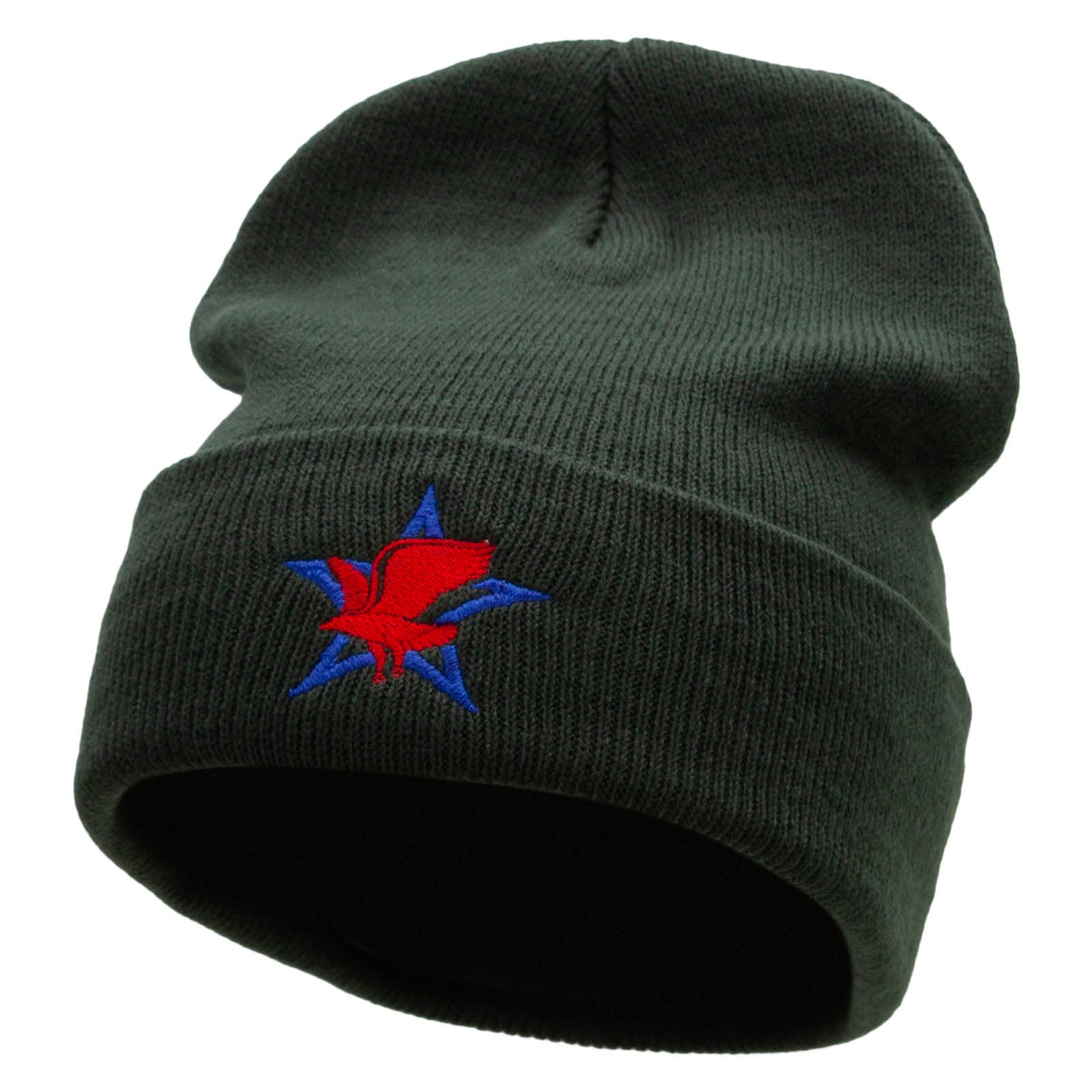Patriotic Eagle Star Embroidered 12 Inch Long Knitted Beanie - Olive OSFM