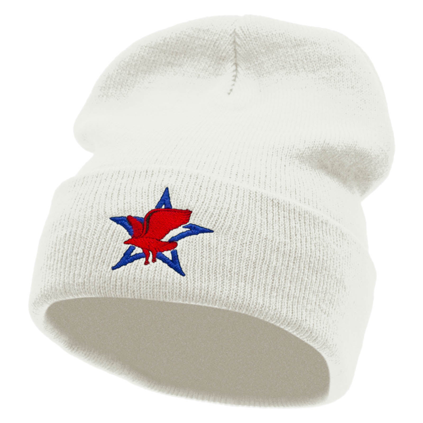 Patriotic Eagle Star Embroidered 12 Inch Long Knitted Beanie - White OSFM