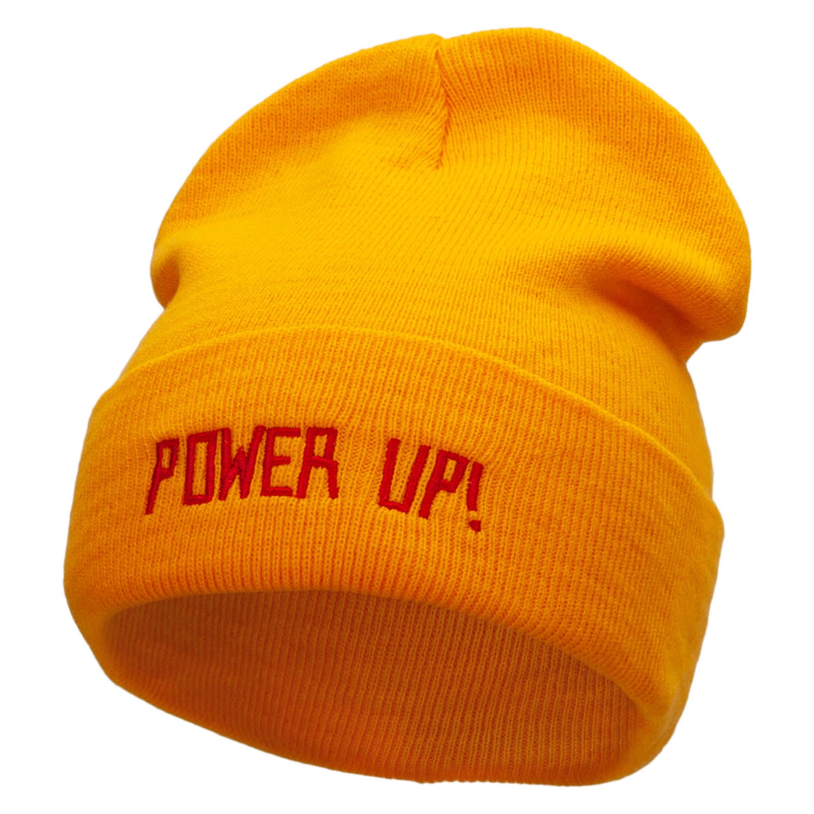 Power Up Embroidered 12 inch Acrylic Cuffed Long Beanie - Gold OSFM