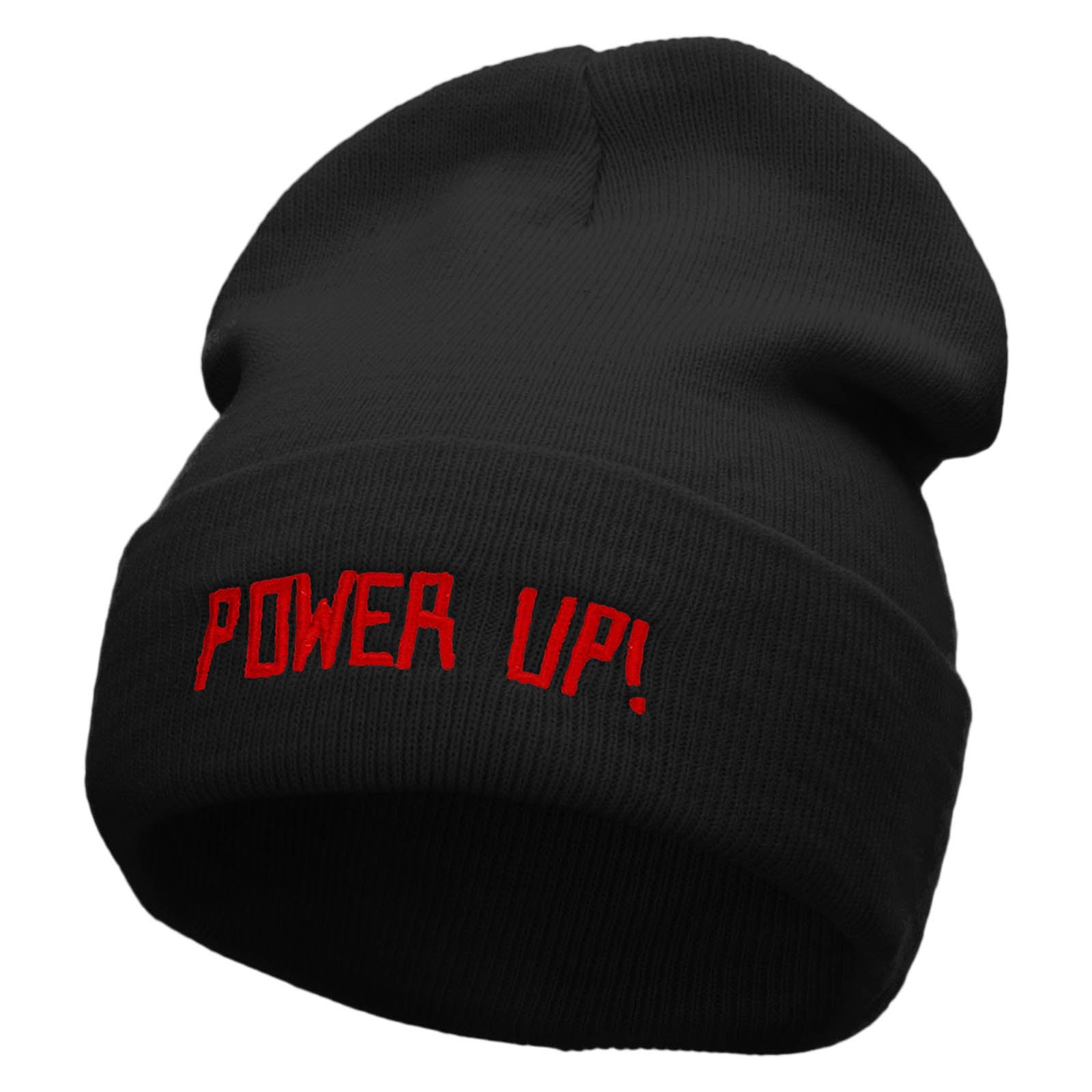 Power Up Embroidered 12 inch Acrylic Cuffed Long Beanie - Black OSFM