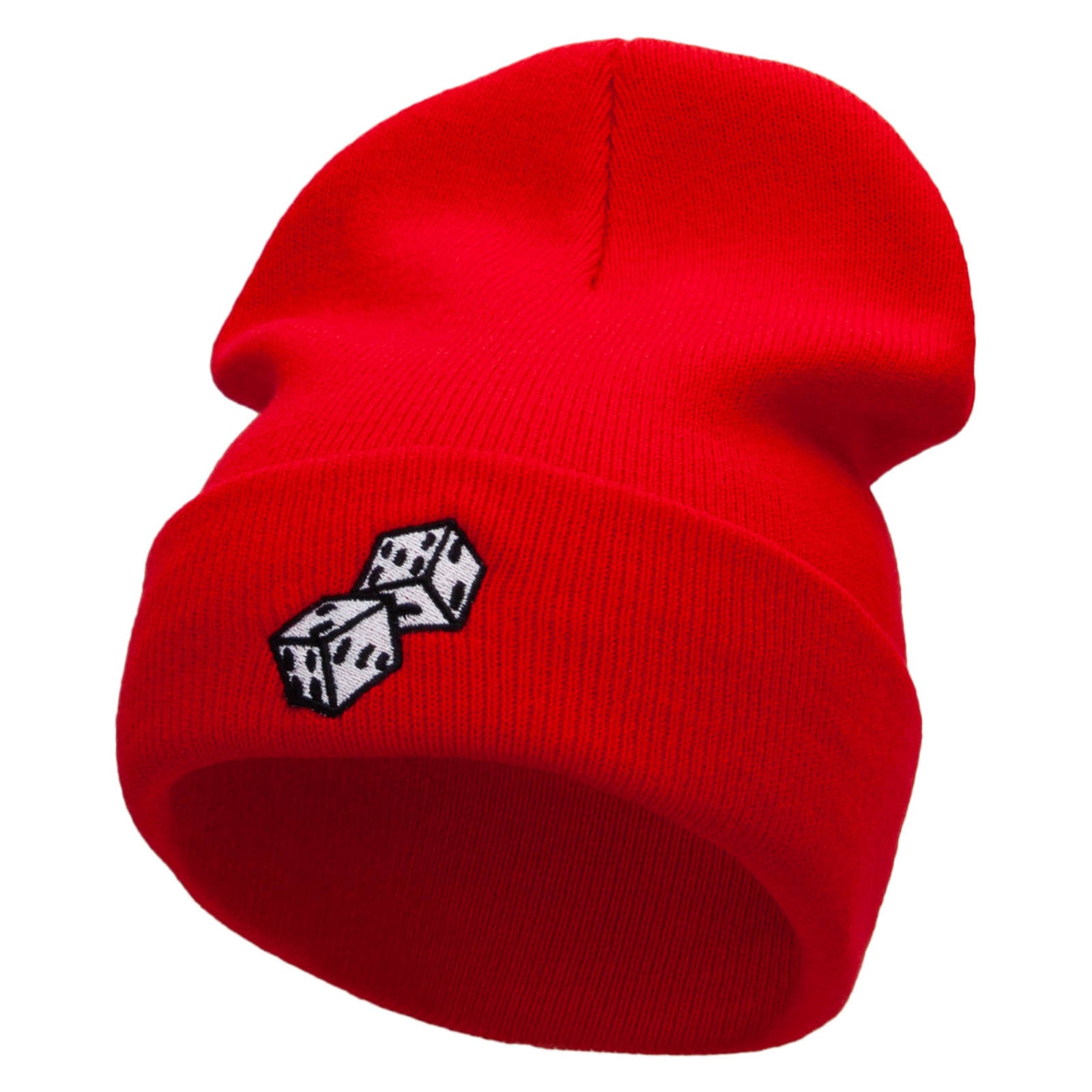 Thrown Dice Embroidered 12 Inch Long Knitted Beanie - Red OSFM