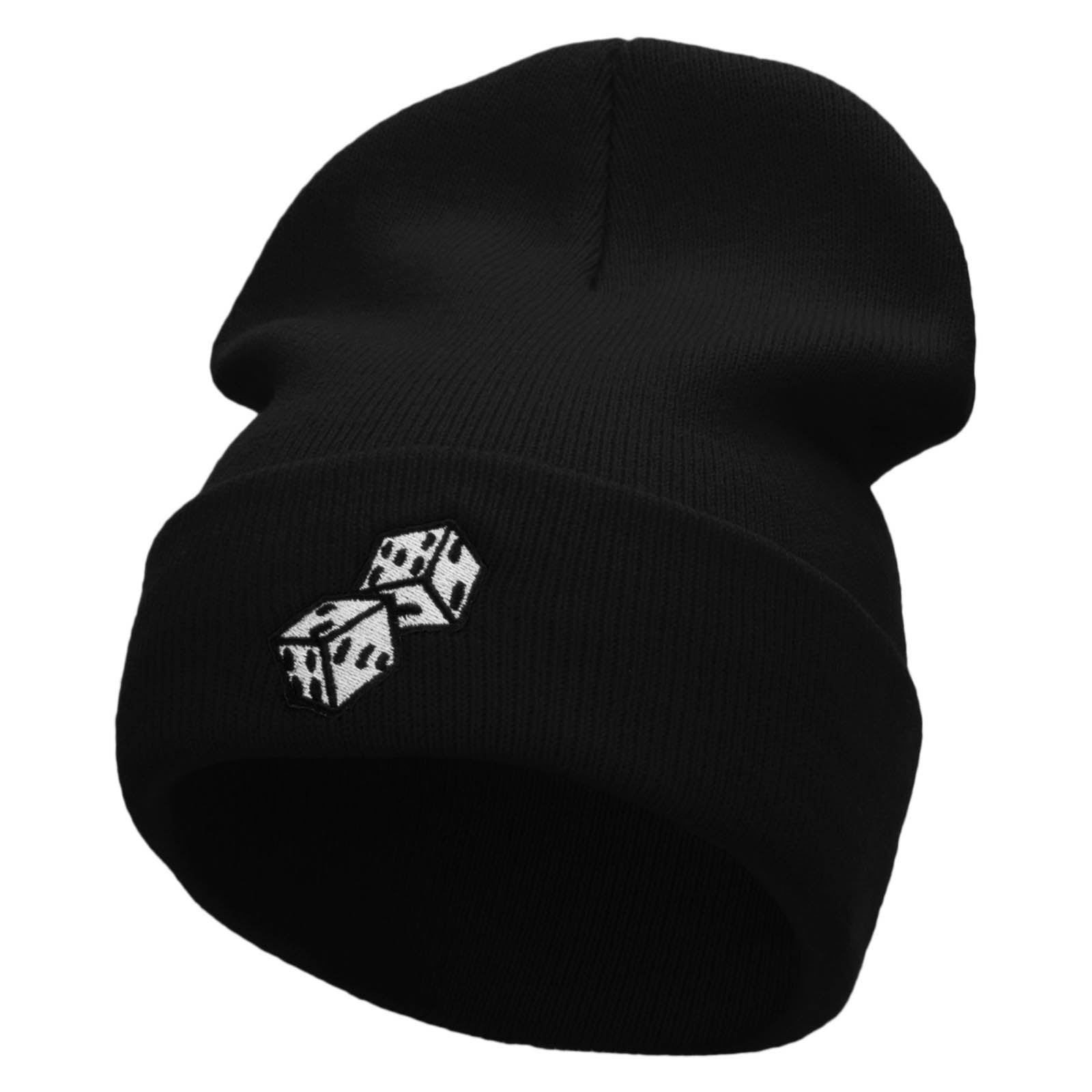 Thrown Dice Embroidered 12 Inch Long Knitted Beanie - Black OSFM
