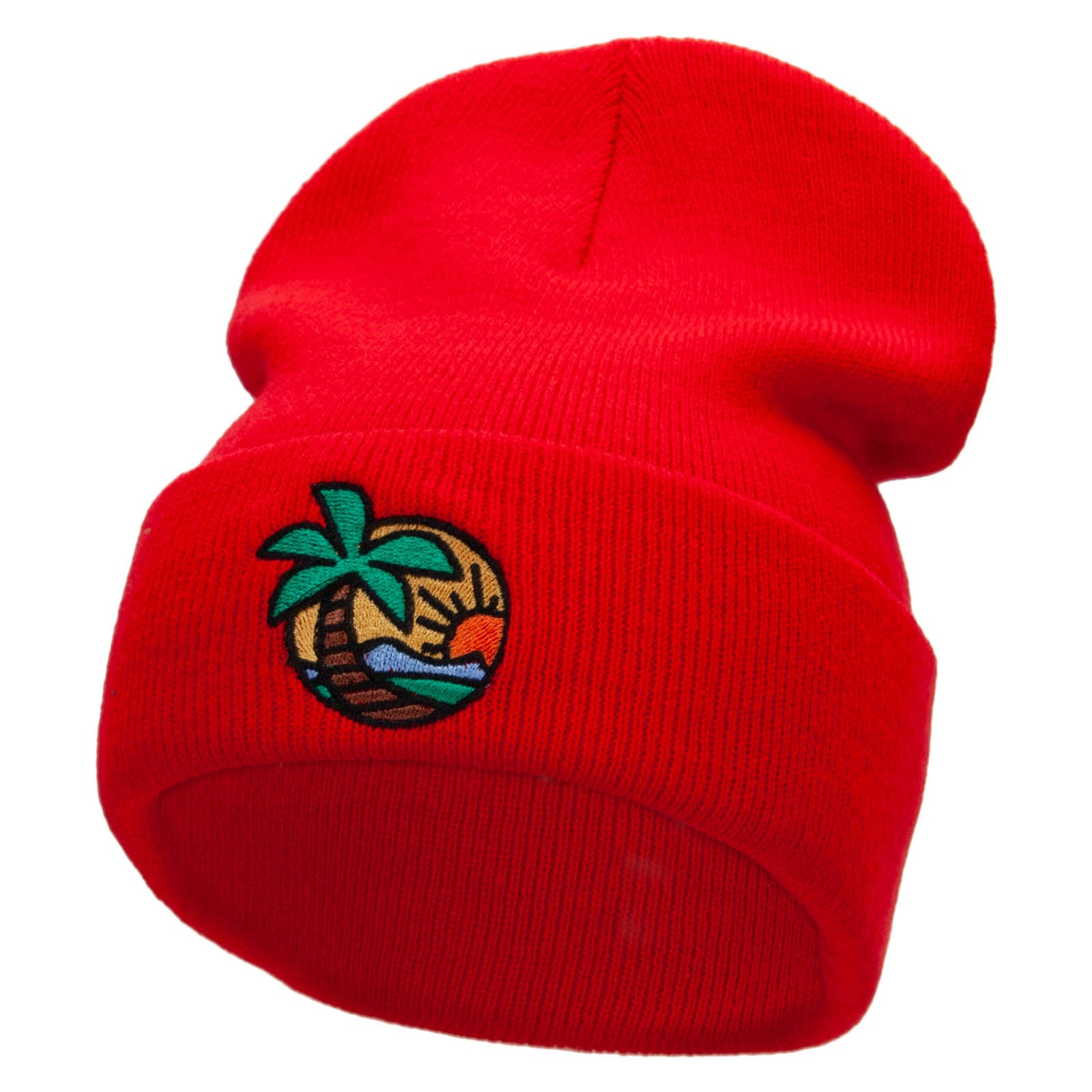 Vacation Time Embroidered 12 Inch Long Knitted Beanie - Red OSFM