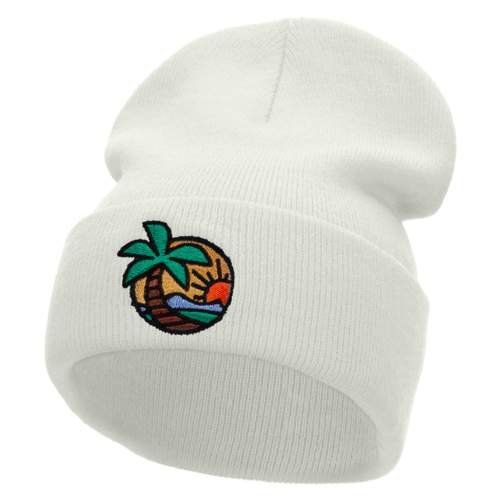 Vacation Time Embroidered 12 Inch Long Knitted Beanie - White OSFM