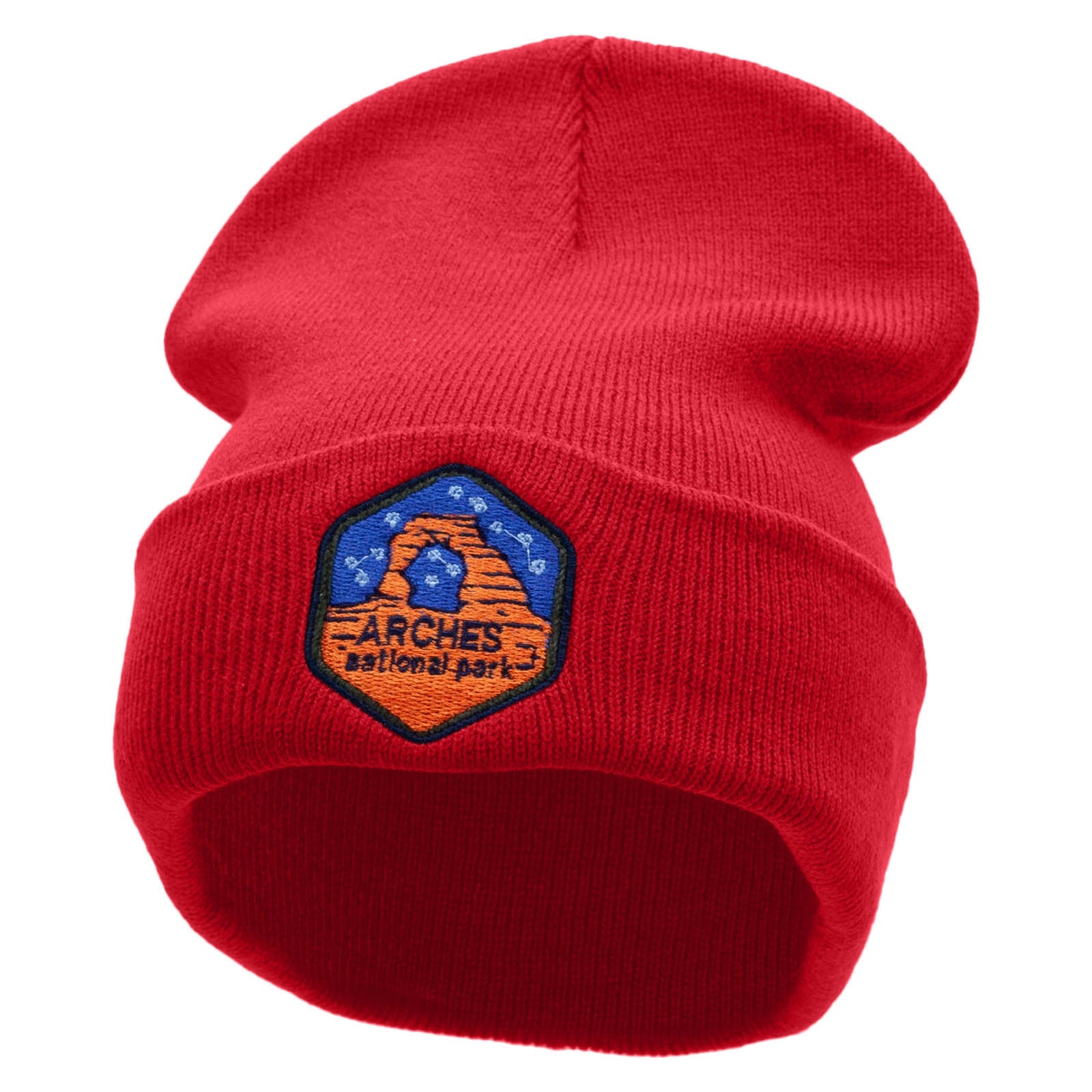 Arches Embroidered 12 Inch Long Knitted Beanie - Red OSFM