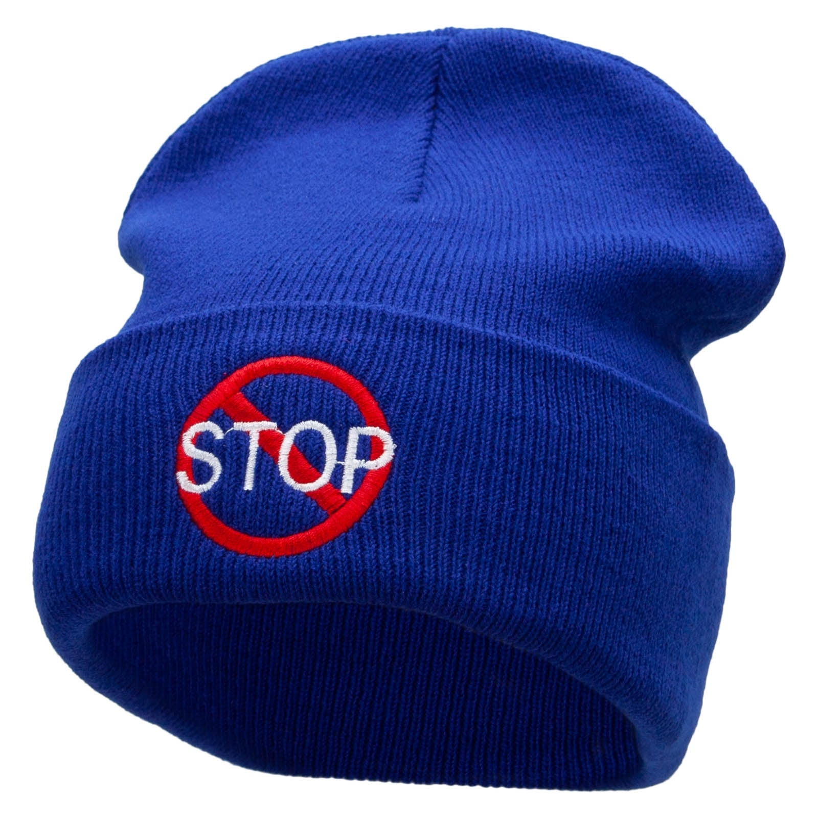 Stop Embroidered 12 Inch Long Knitted Beanie - Royal OSFM