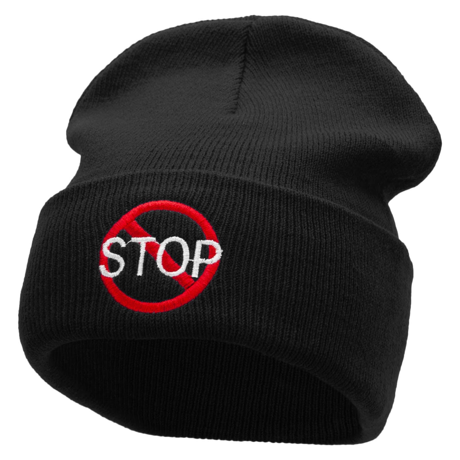 Stop Embroidered 12 Inch Long Knitted Beanie - Black OSFM