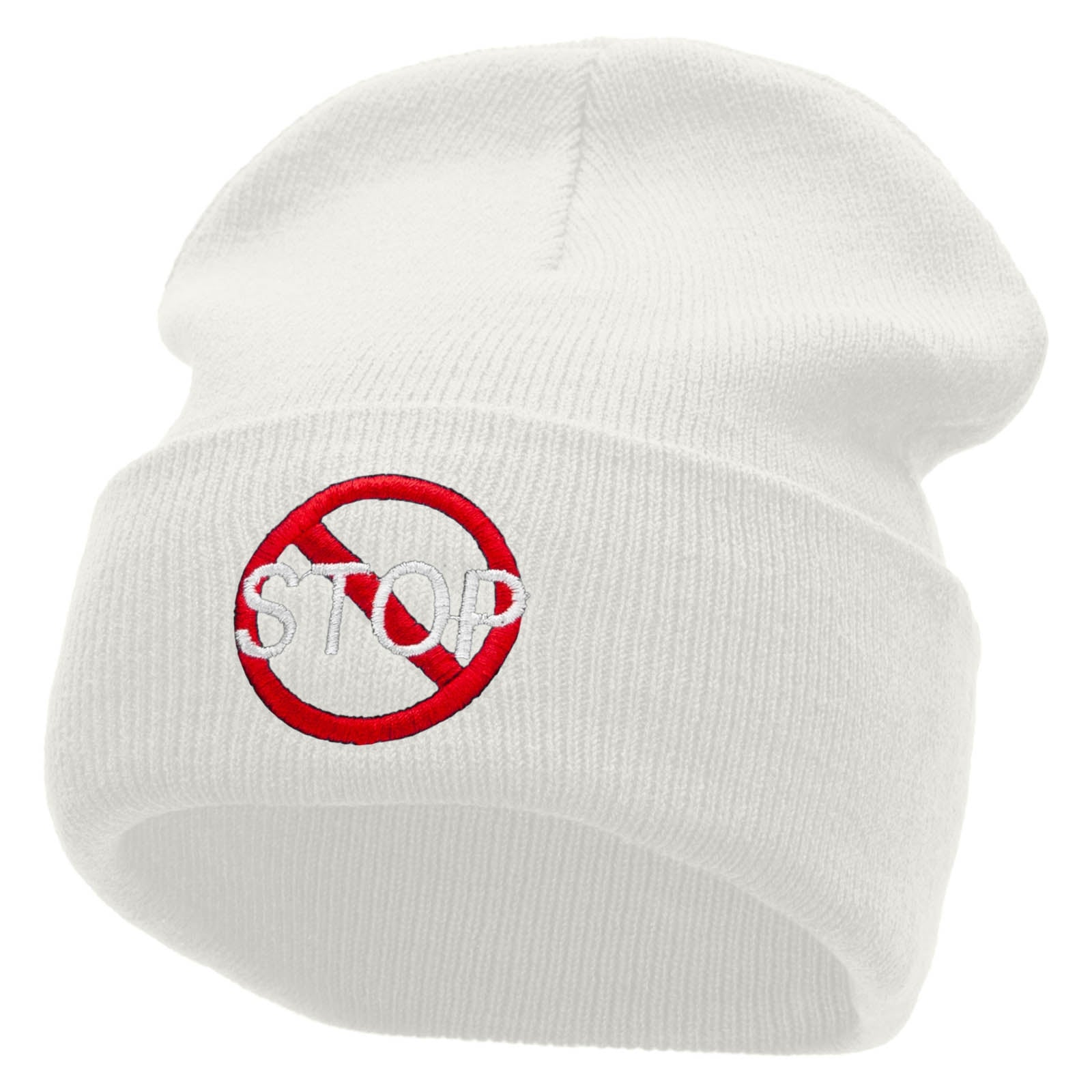 Stop Embroidered 12 Inch Long Knitted Beanie - White OSFM