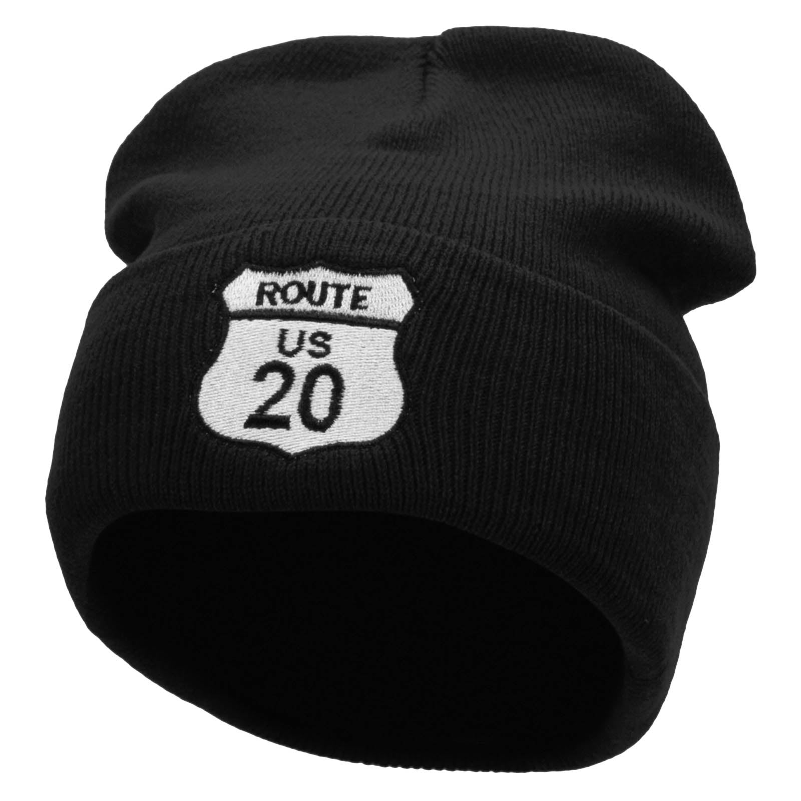 Route US 20 Embroidered 12 Inch Long Knitted Beanie - Black OSFM