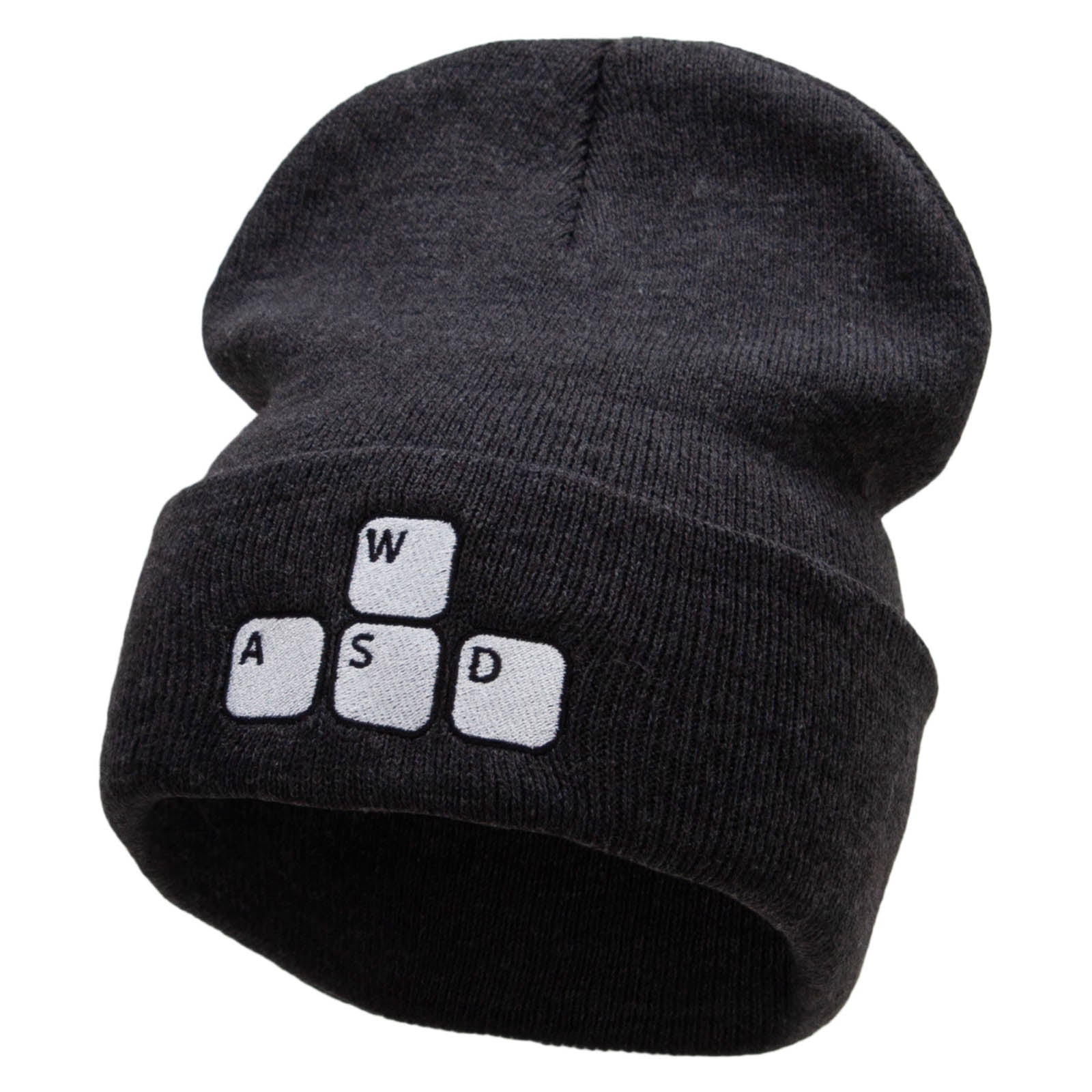 Gamer WASD Embroidered 12 Inch Long Knitted Beanie - Dk Grey OSFM