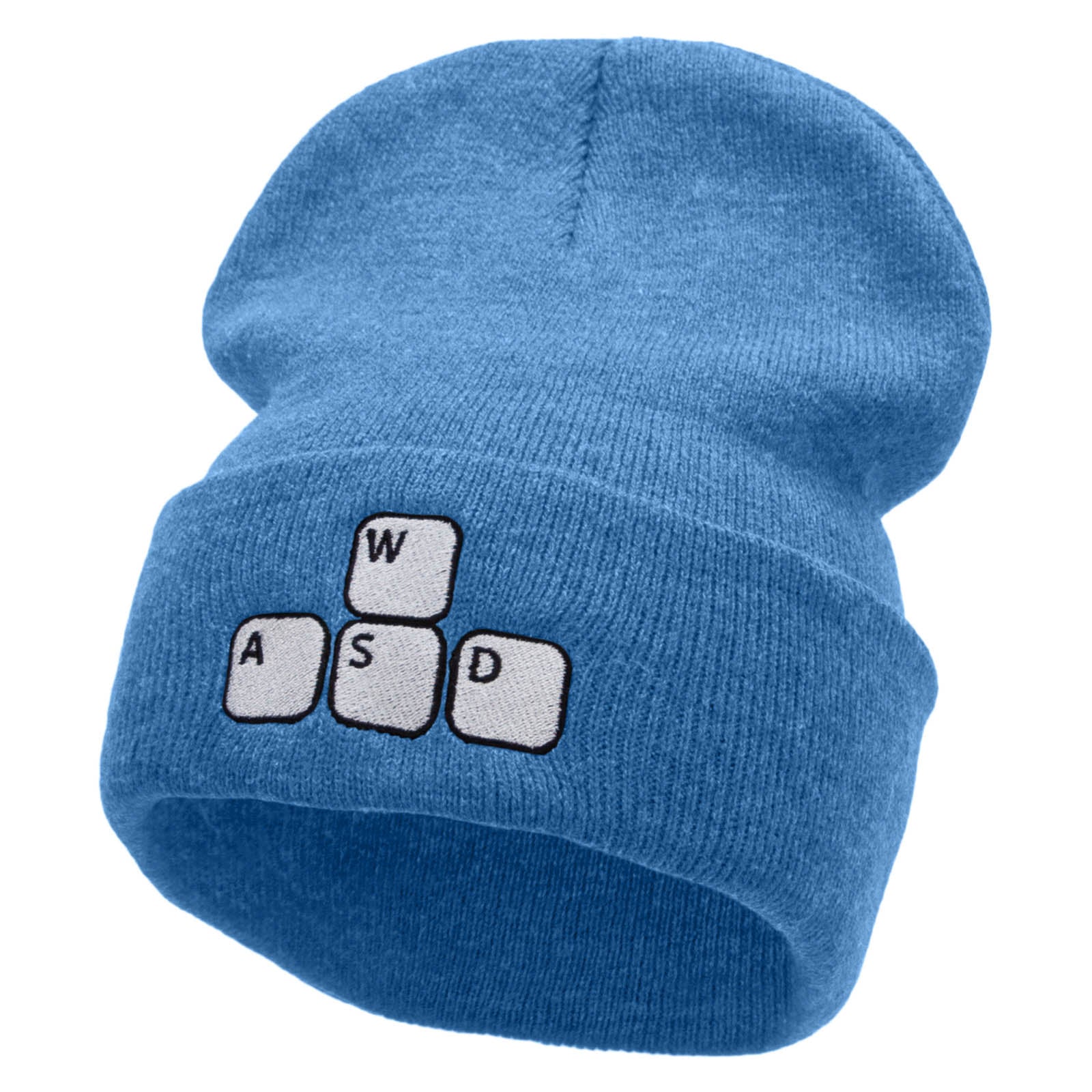 Gamer WASD Embroidered 12 Inch Long Knitted Beanie - Sky Blue OSFM