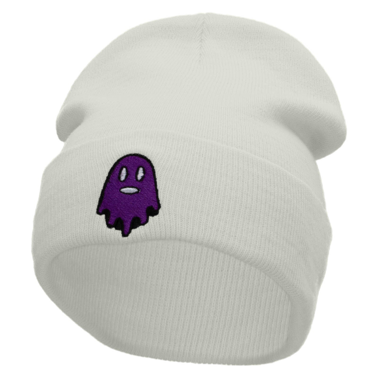Ghost Embroidered 12 Inch Long Knitted Beanie - White OSFM