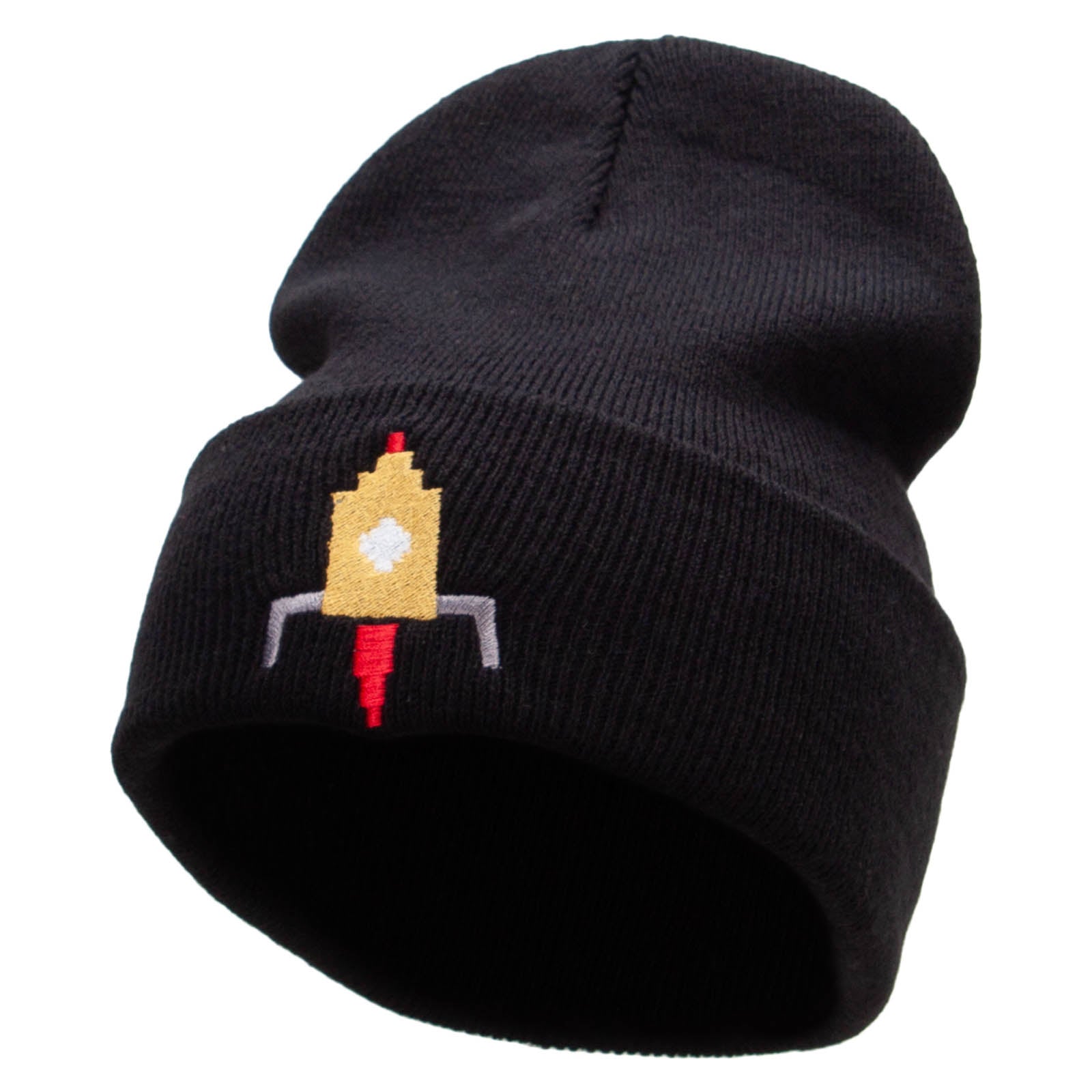 Space Ship Embroidered 12 Inch Long Knitted Beanie - Black OSFM