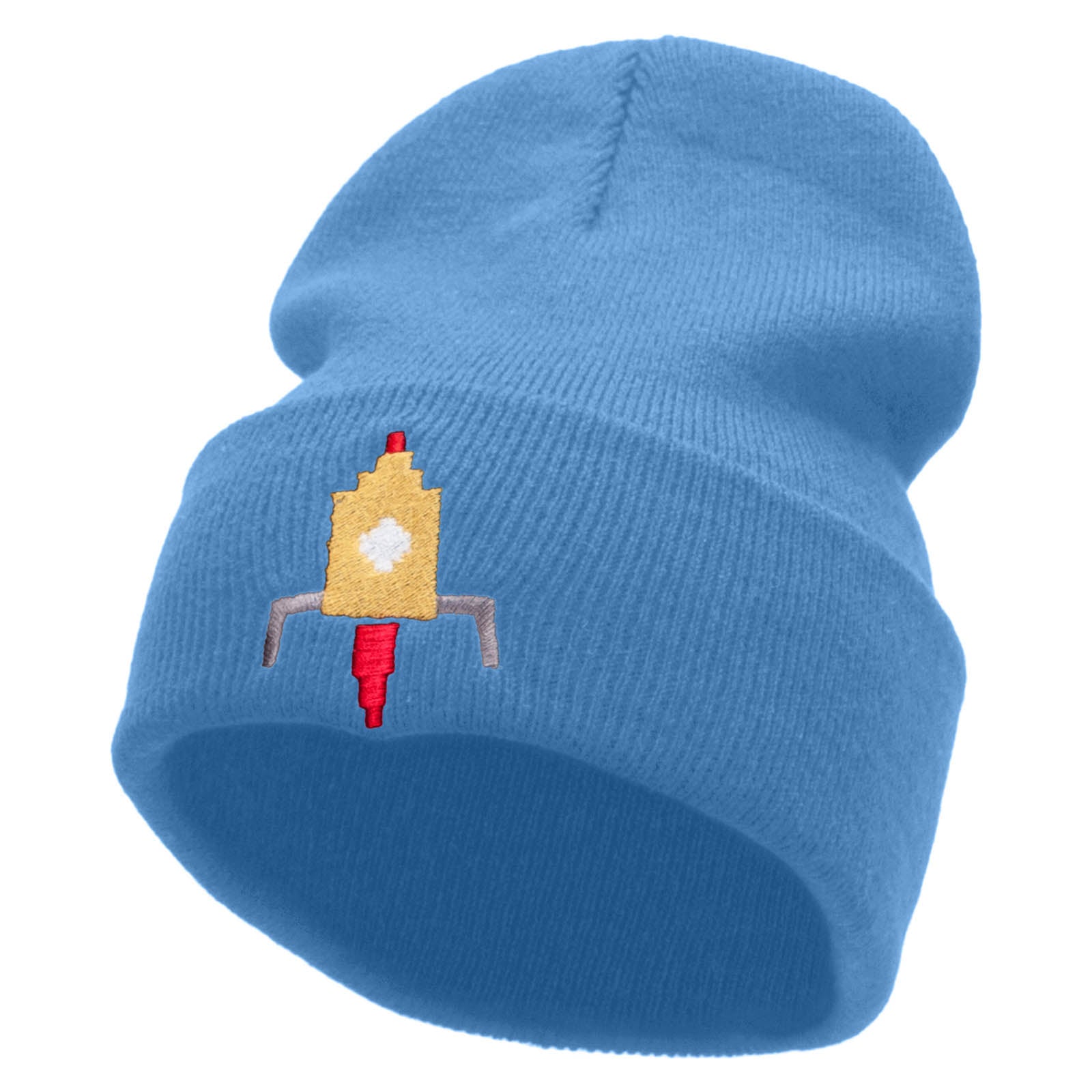 Space Ship Embroidered 12 Inch Long Knitted Beanie - Sky Blue OSFM
