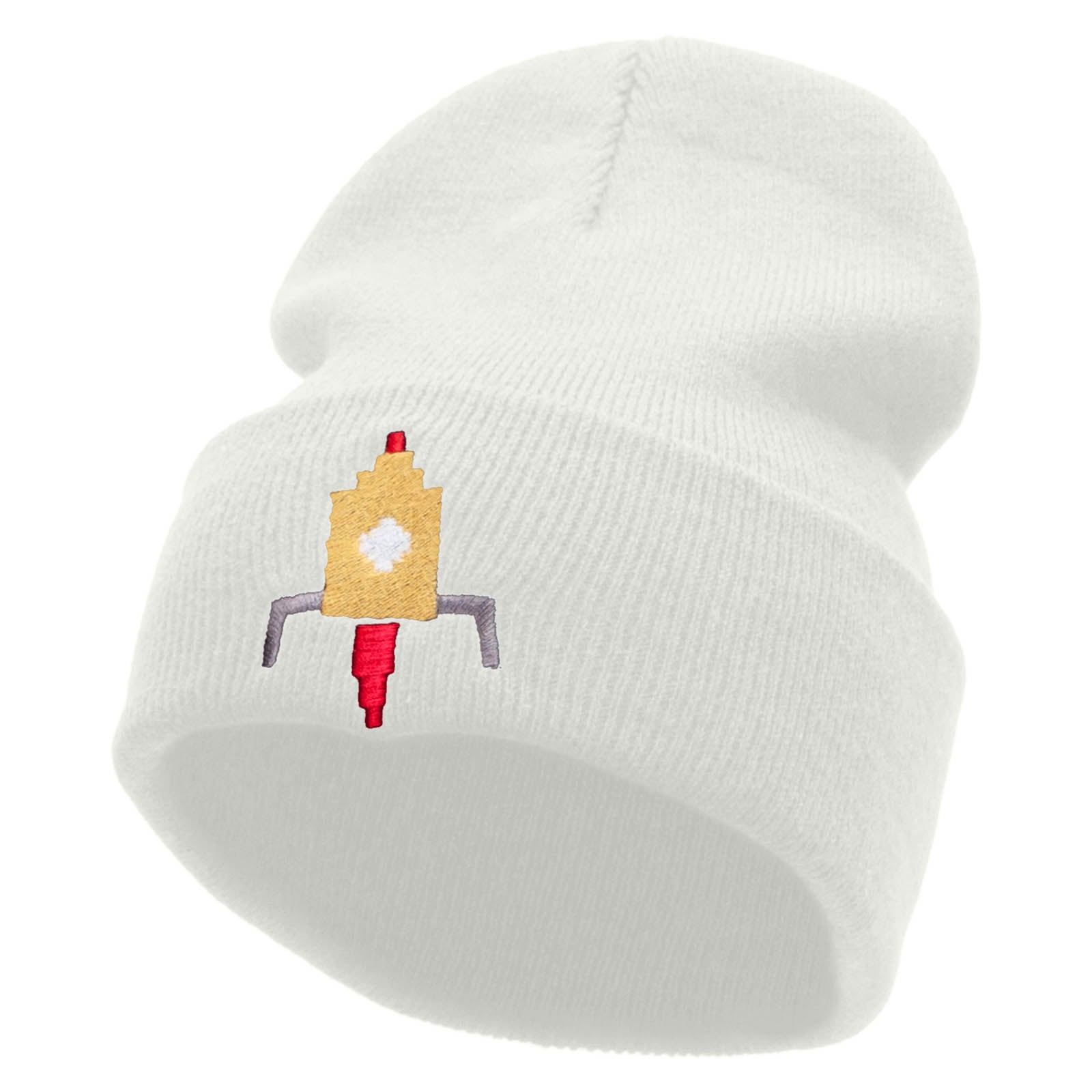 Space Ship Embroidered 12 Inch Long Knitted Beanie - White OSFM