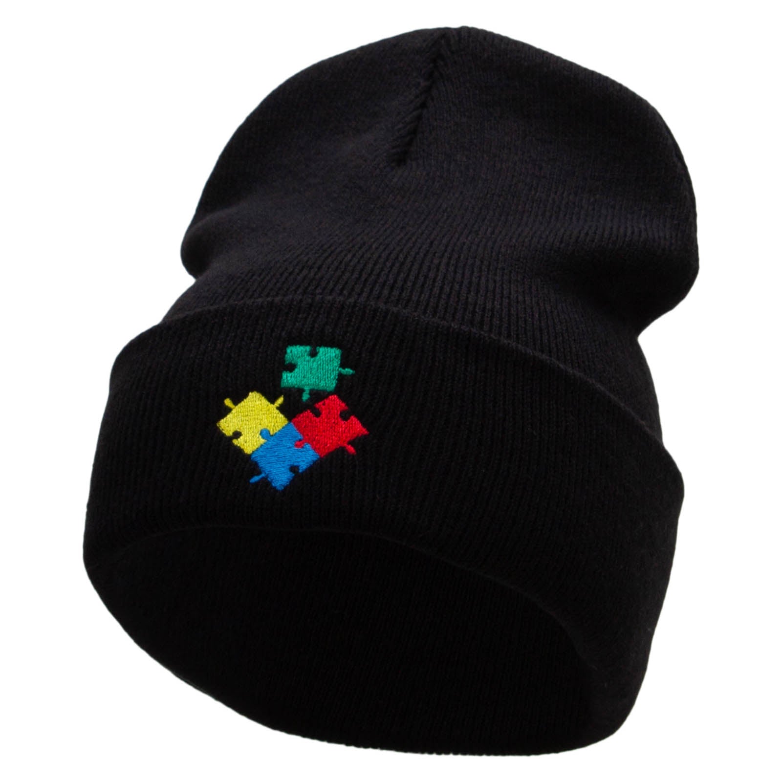 Puzzle Embroidered 12 Inch Long Knitted Beanie - Black OSFM
