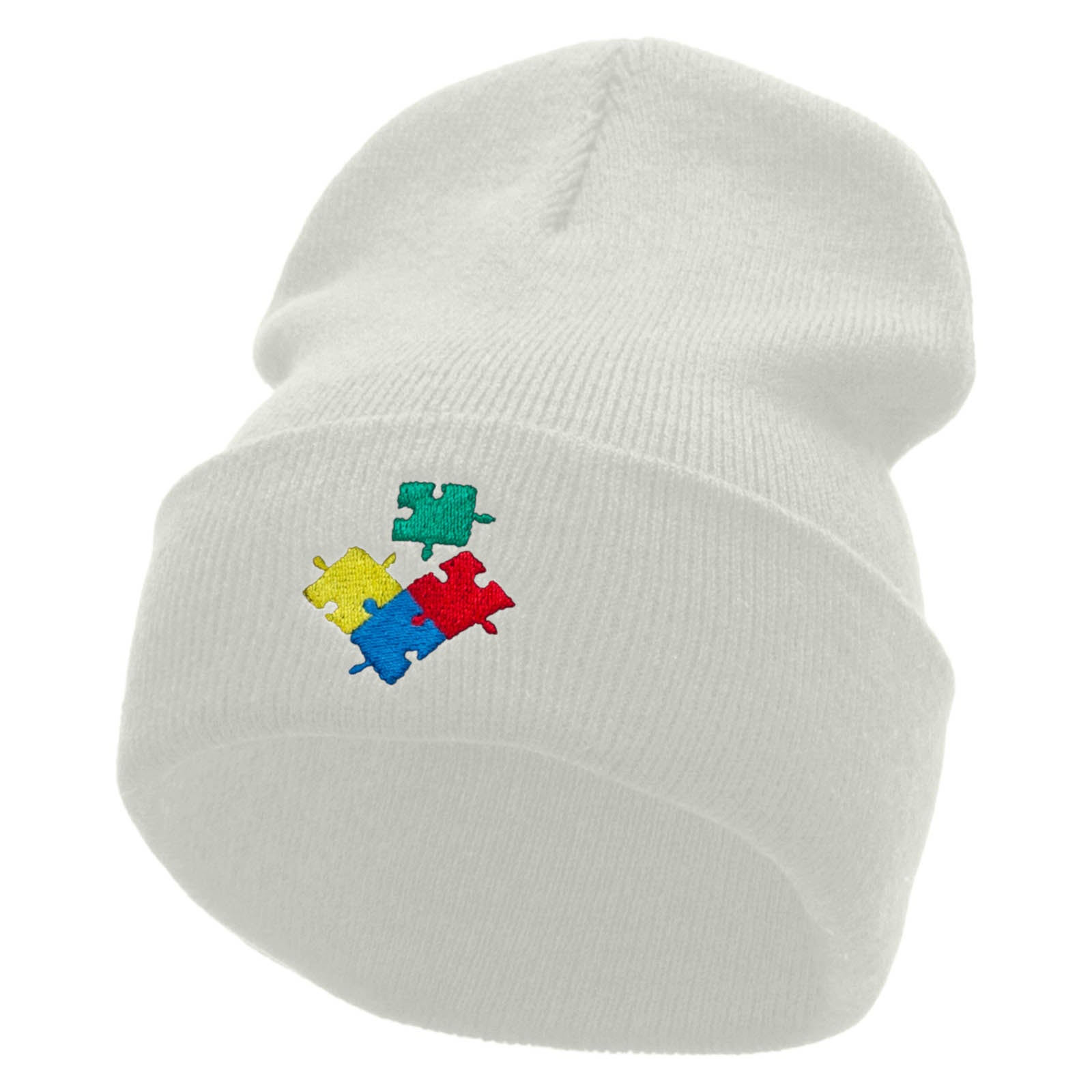 Puzzle Embroidered 12 Inch Long Knitted Beanie - White OSFM