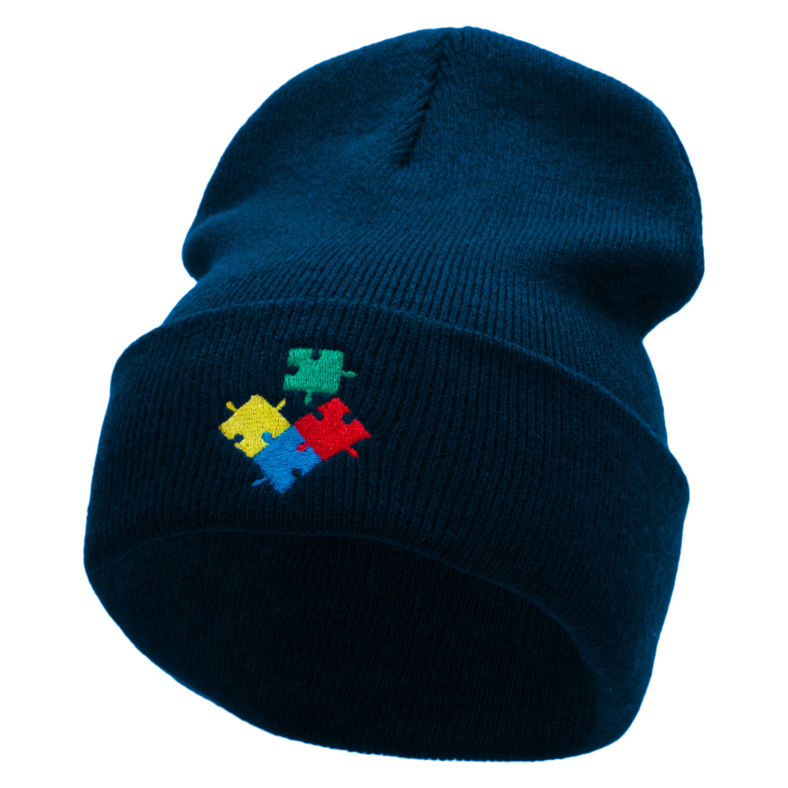 Puzzle Embroidered 12 Inch Long Knitted Beanie - Navy OSFM