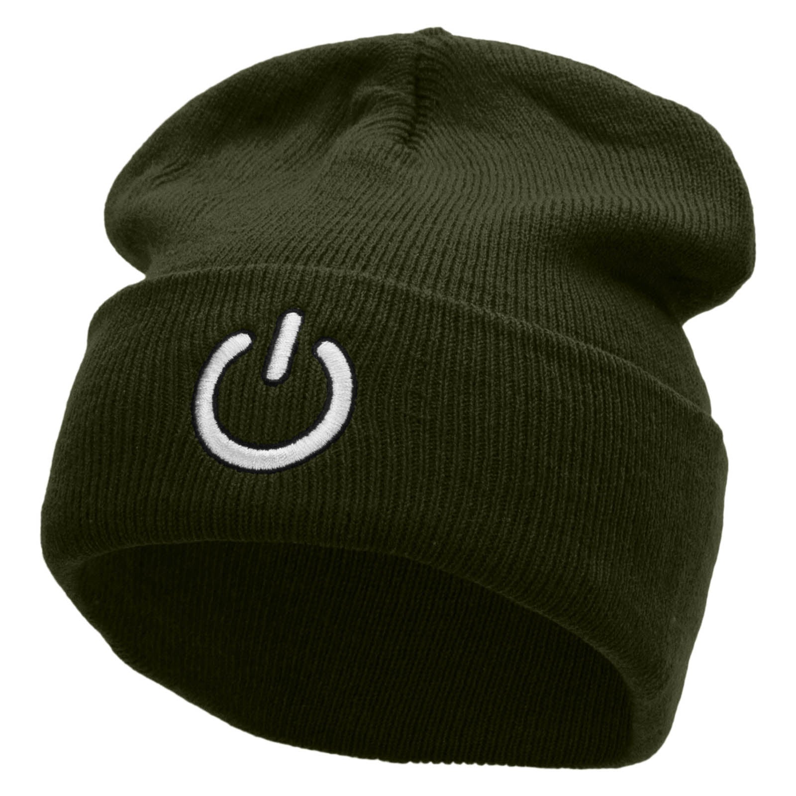 Power Button Embroidered 12 Inch Long Knitted Beanie - Olive OSFM