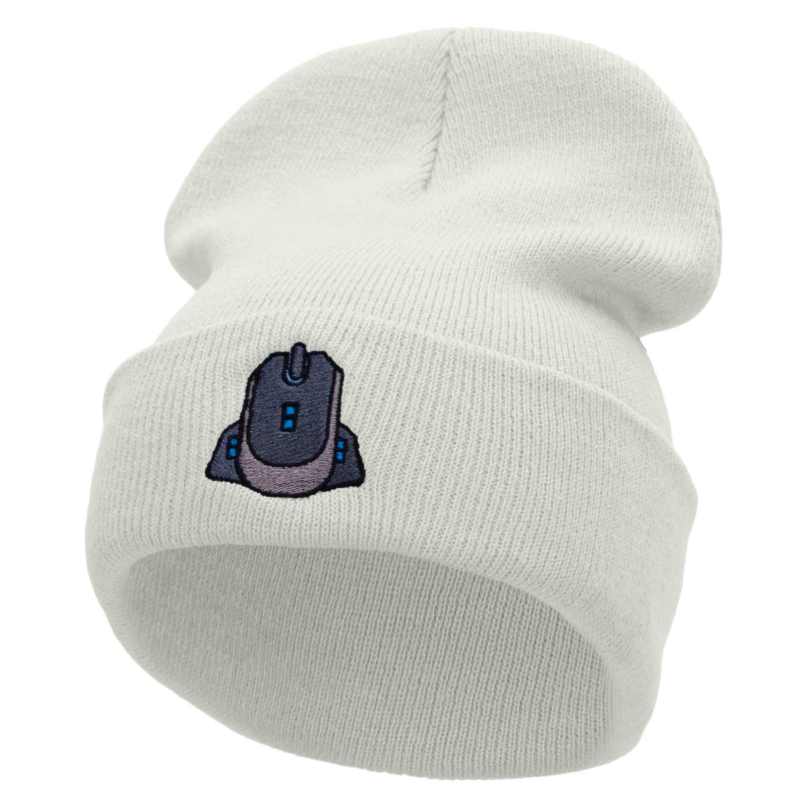 Gamer Mouse Embroidered 12 Inch Long Knitted Beanie - White OSFM