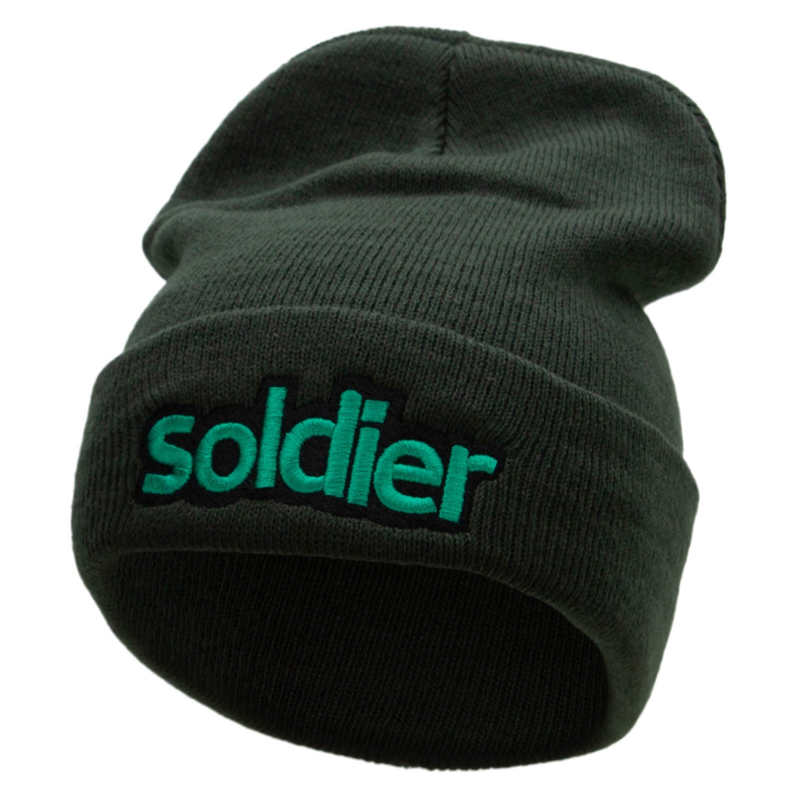 Soldier Embroidered 12 Inch Long Knitted Beanie - Olive OSFM