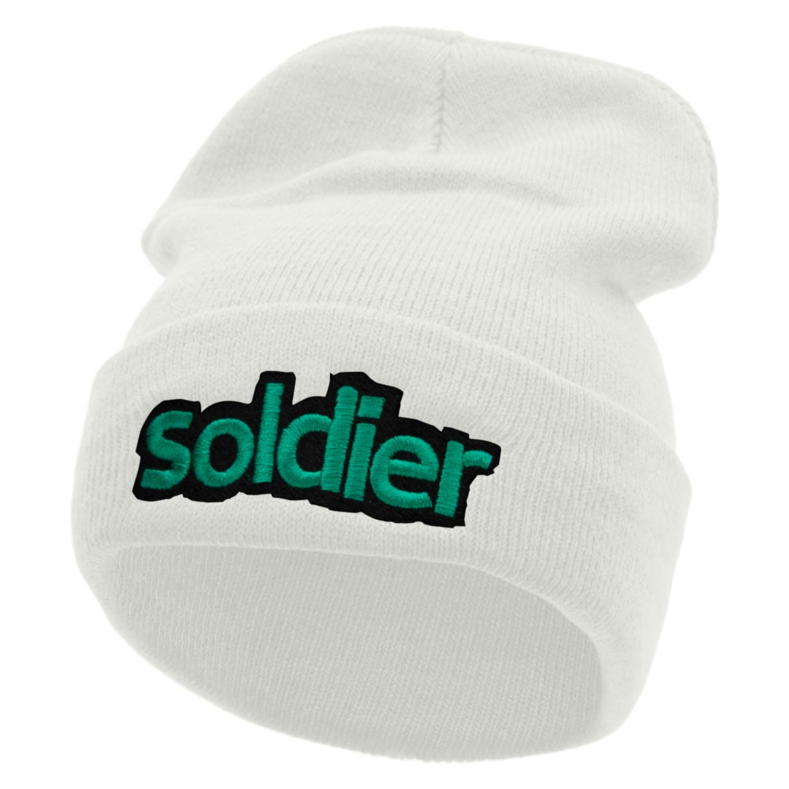 Soldier Embroidered 12 Inch Long Knitted Beanie - White OSFM
