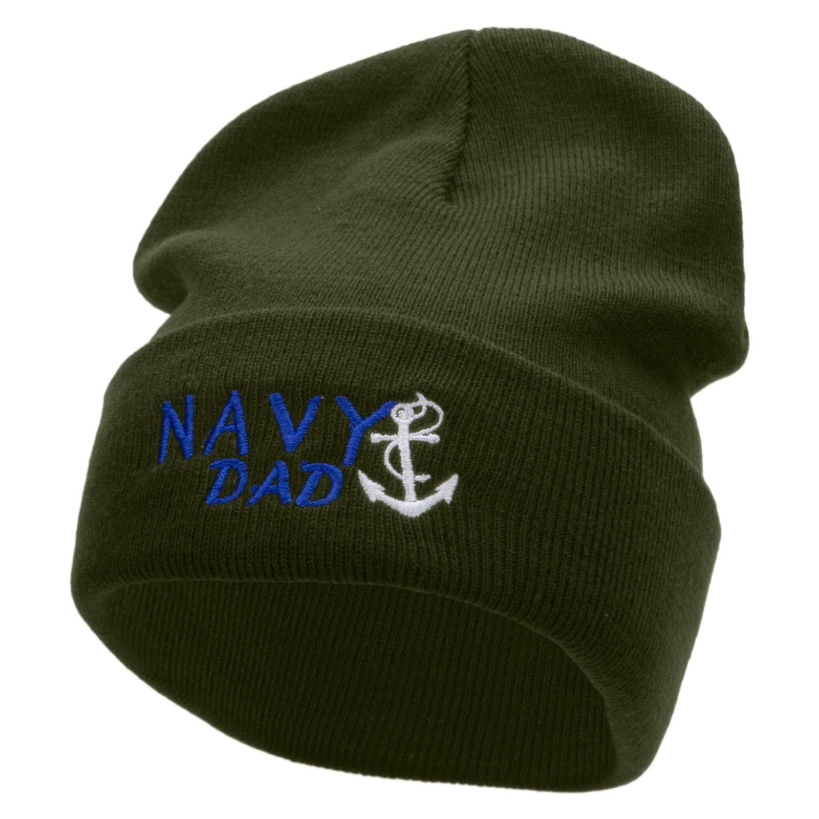Navy Dad Embroidered 12 Inch Long Knitted Beanie - Olive OSFM