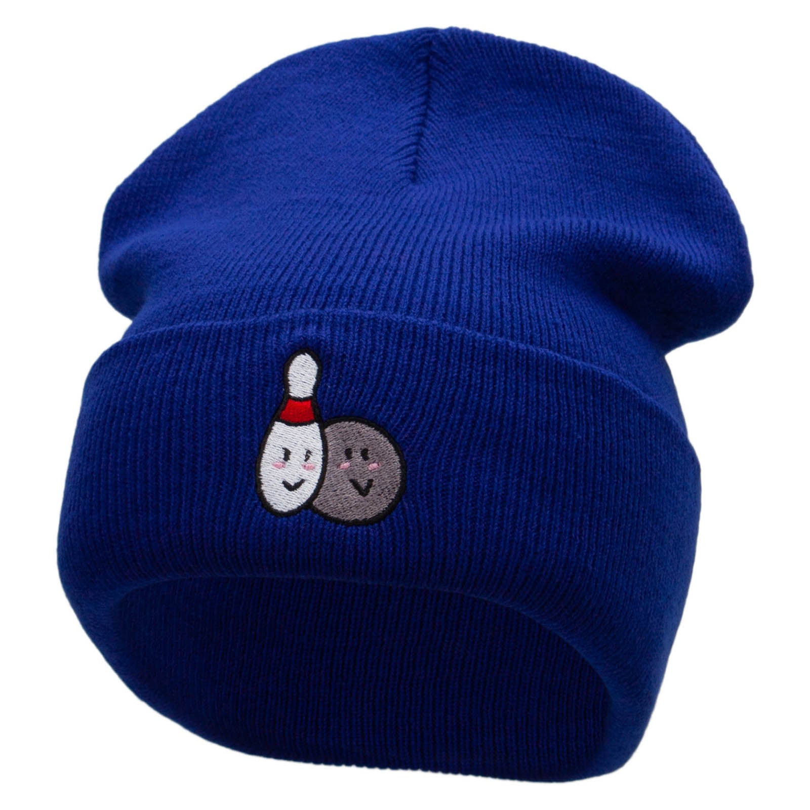 Bowling Smilies Embroidered 12 Inch Long Knitted Beanie - Royal OSFM