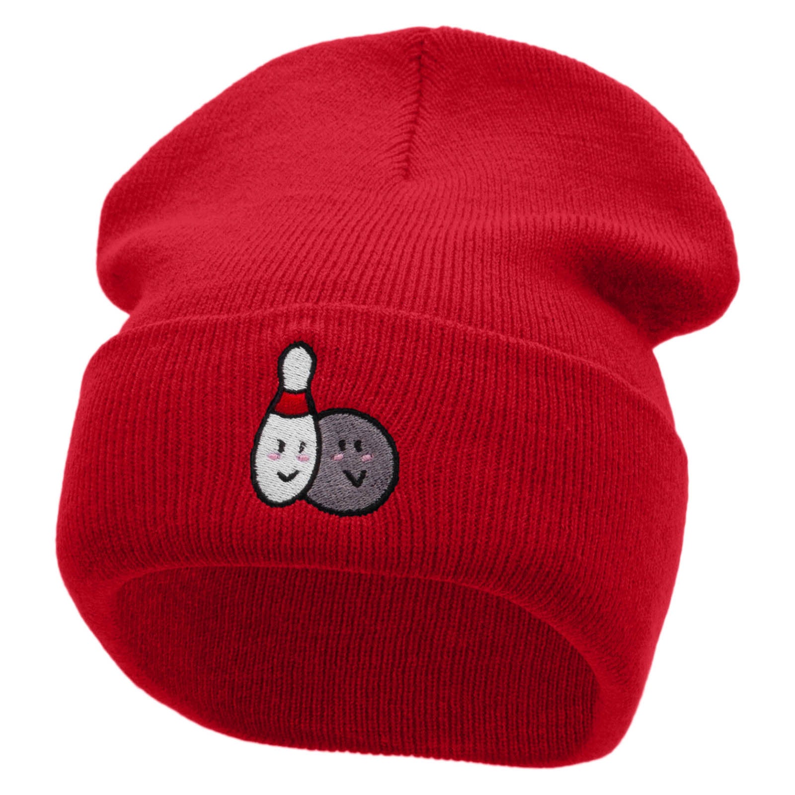 Bowling Smilies Embroidered 12 Inch Long Knitted Beanie - Red OSFM