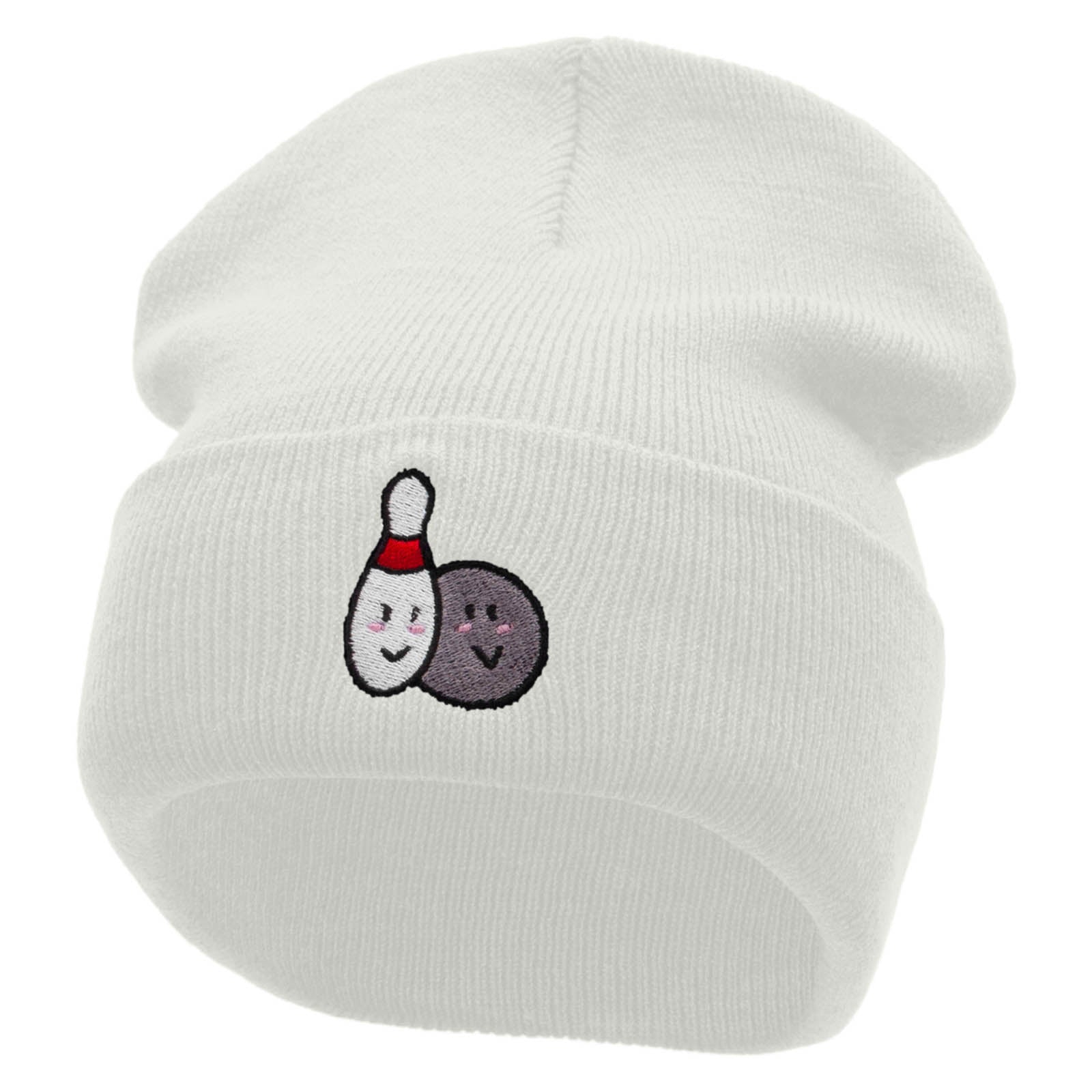 Bowling Smilies Embroidered 12 Inch Long Knitted Beanie - White OSFM