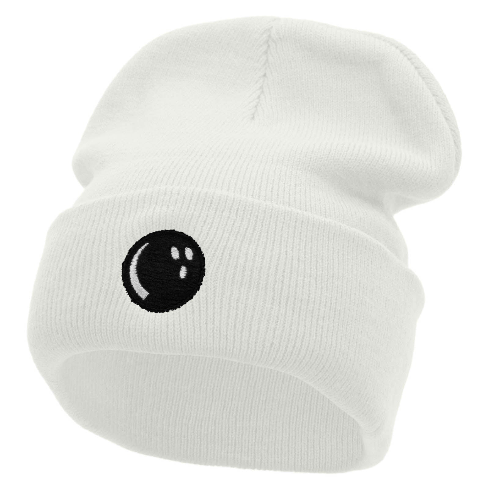 Bowlers Ball Embroidered 12 Inch Long Knitted Beanie - White OSFM