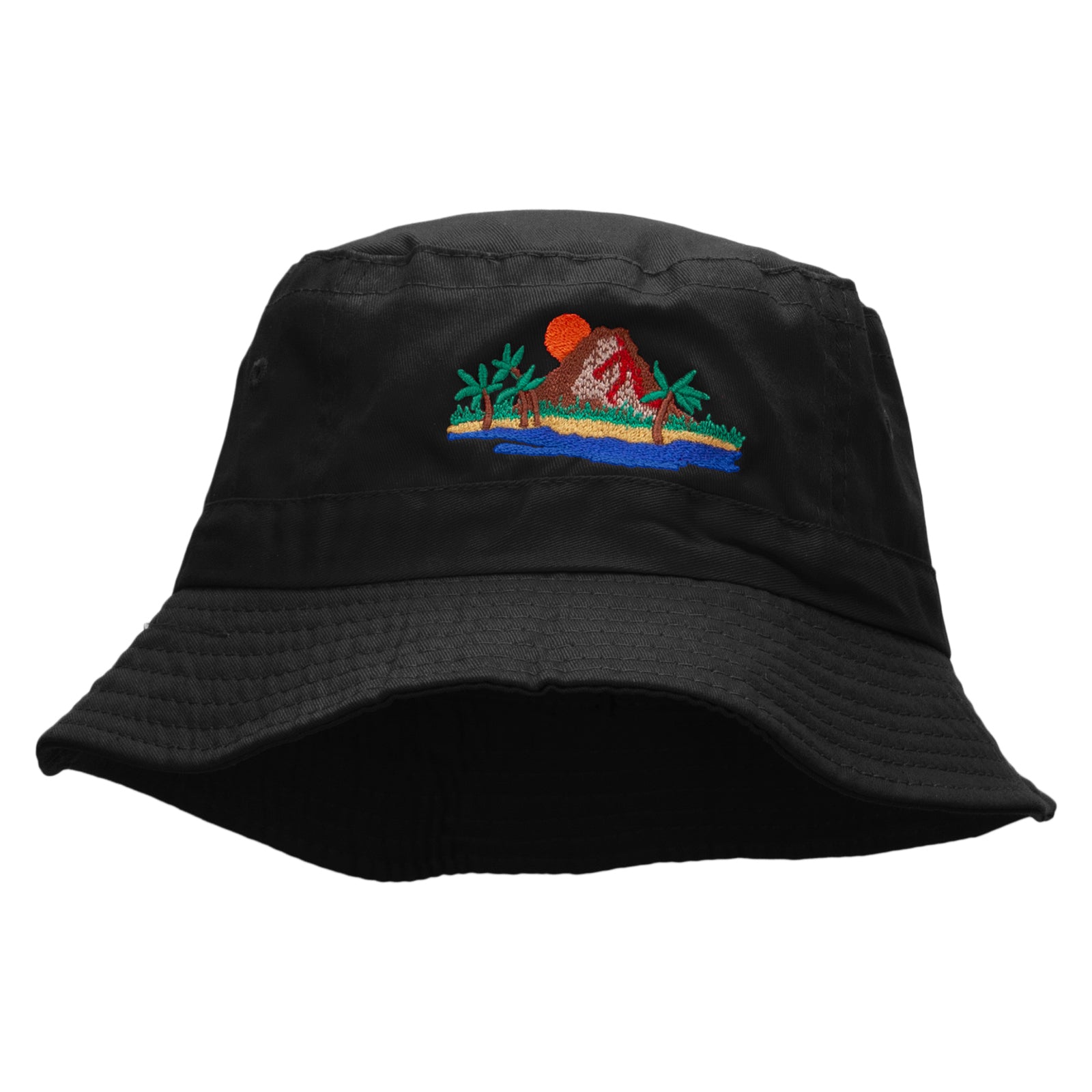 Vacation Scene Embroidered Pigment Dyed Bucket Hat - Black OSFM