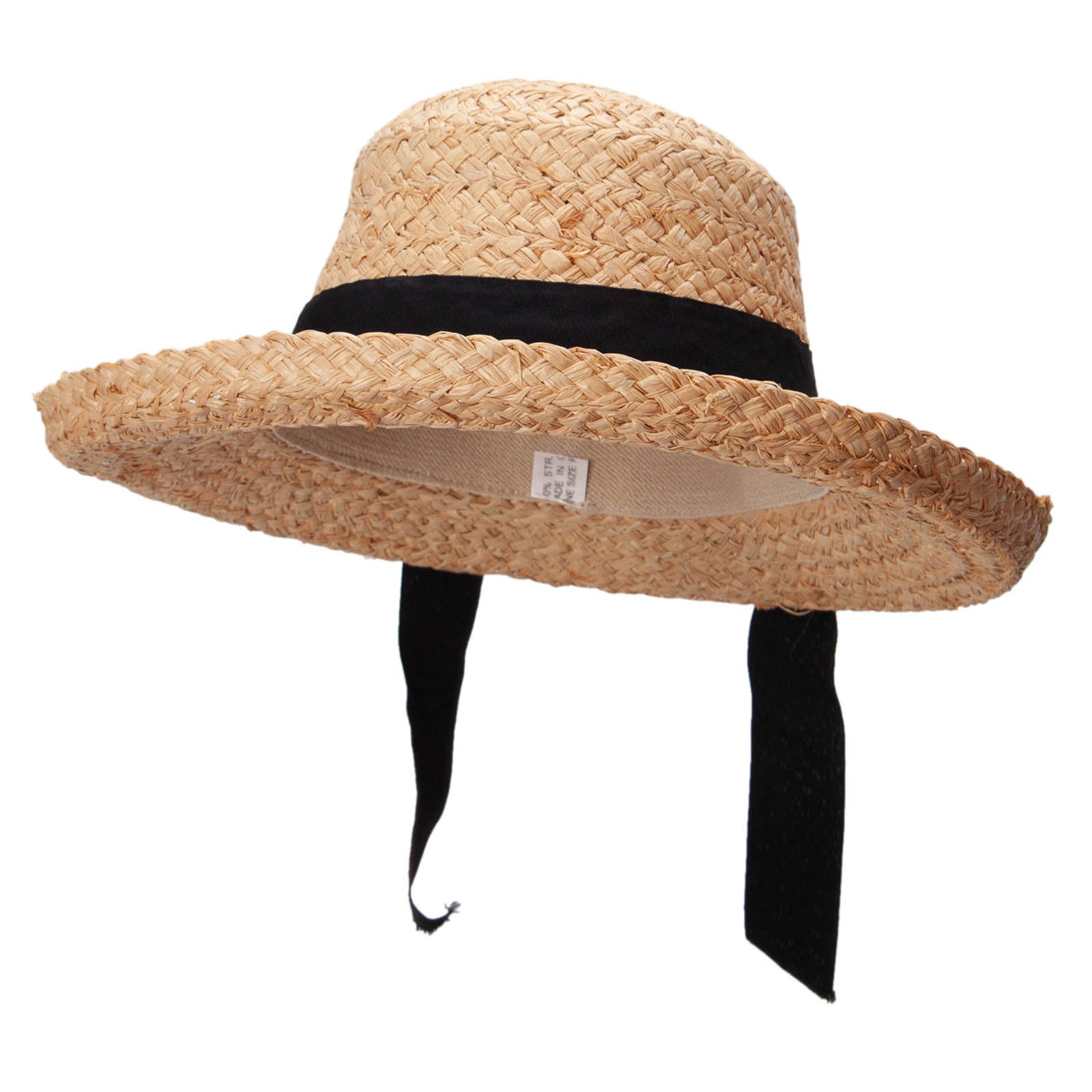 Raffia Wide Braid Black Ribbon Band Hat - Natural OSFM