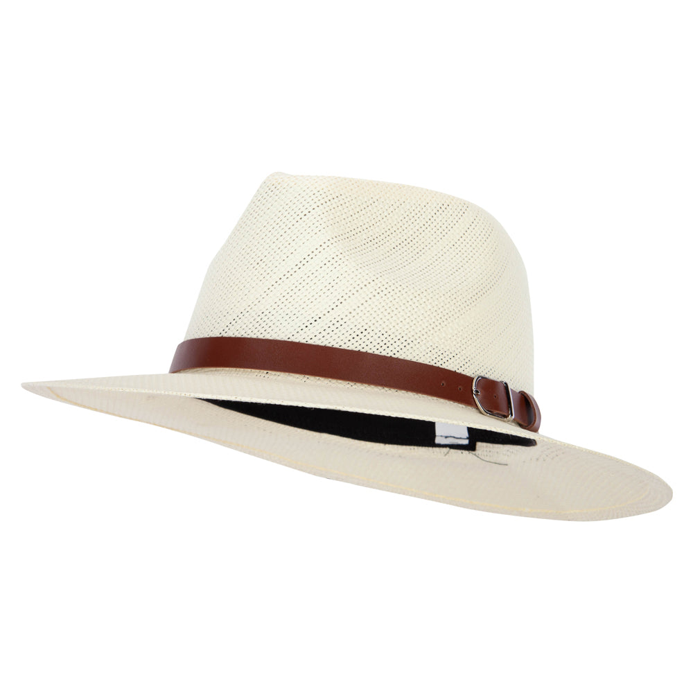 Men&#039;s Paper Braid Leatherette Buckle Trim Large Brim Fedora Hat - Ivory M