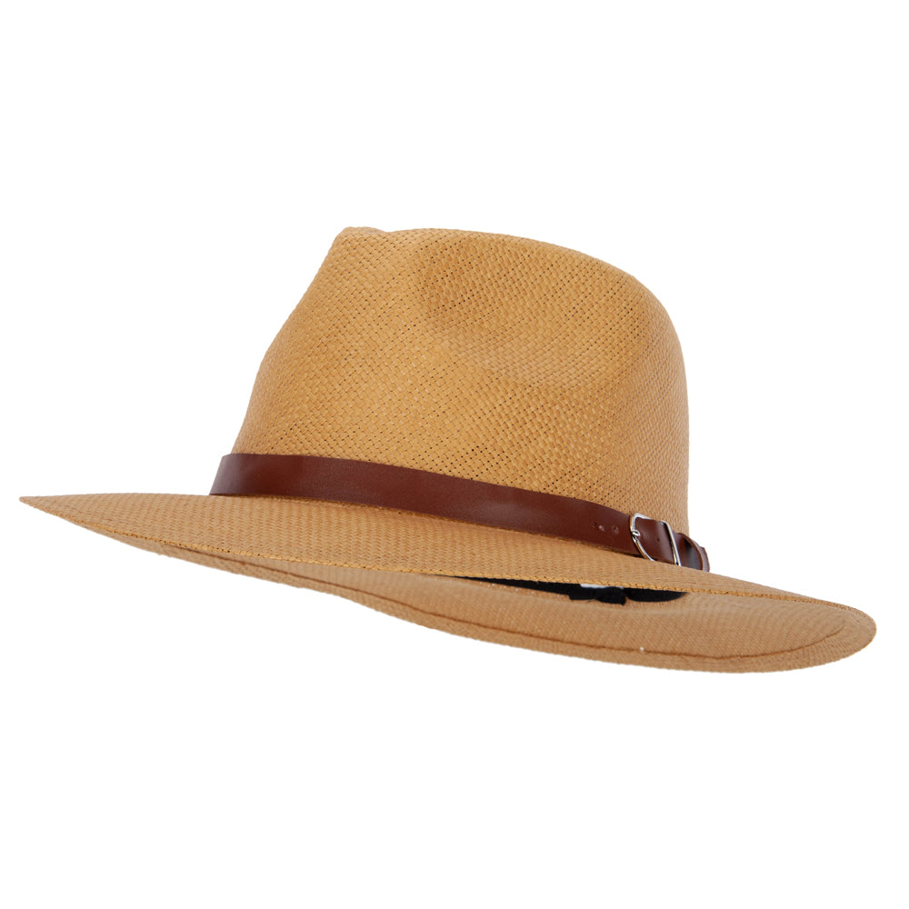 Men&#039;s Paper Braid Leatherette Buckle Trim Large Brim Fedora Hat - Tan M