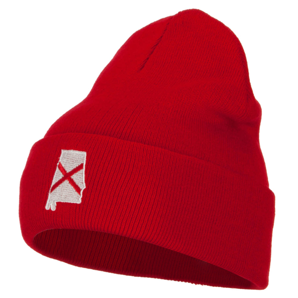 Alabama Flag Map Embroidered Long Beanie - Red OSFM