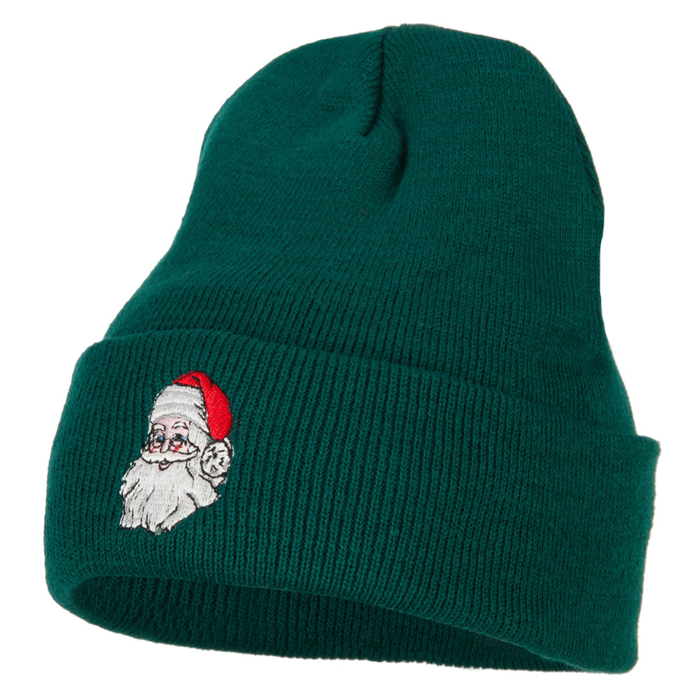 Santa Claus Head Embroidered Long Knitted Beanie - Dk Green OSFM