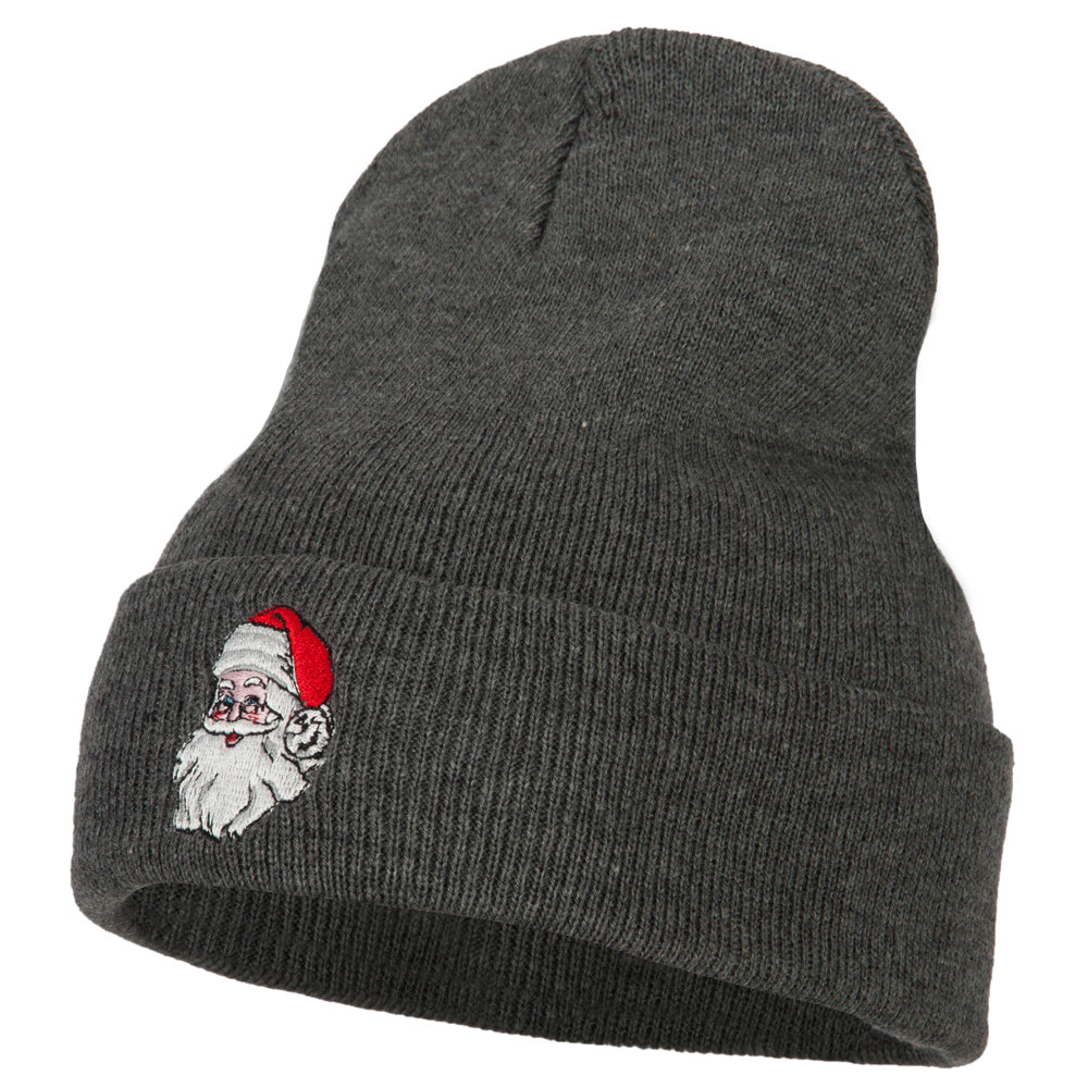 Santa Claus Head Embroidered Long Knitted Beanie - Dk Grey OSFM
