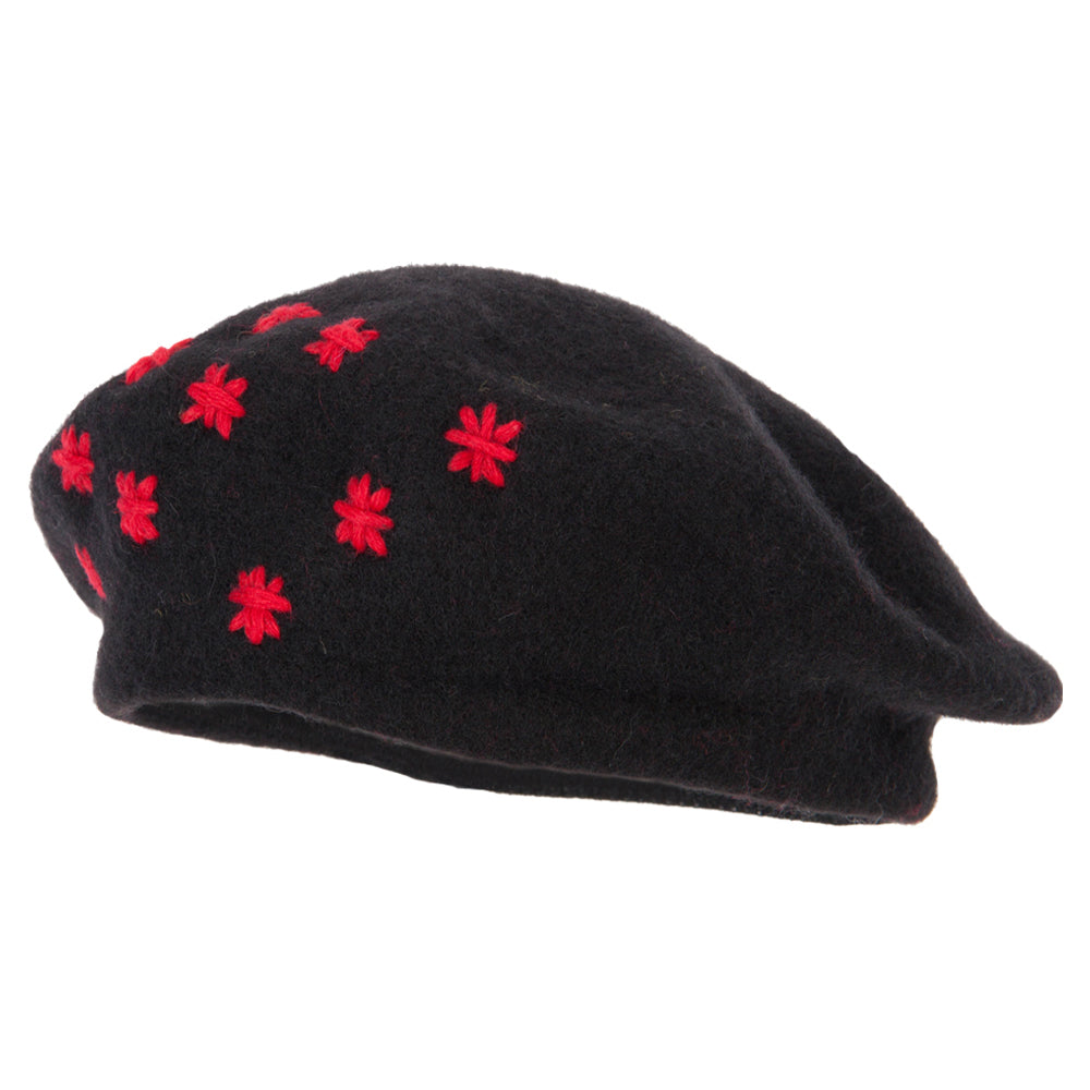 Ladies Stars Designed Wool Beret Hat - Black OSFM