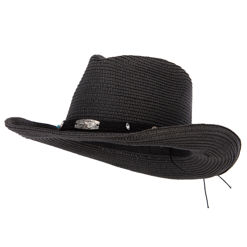 Women&#039;s Paper Braid Bead Accented Pinched Crown Cowboy Hat - Black OSFM