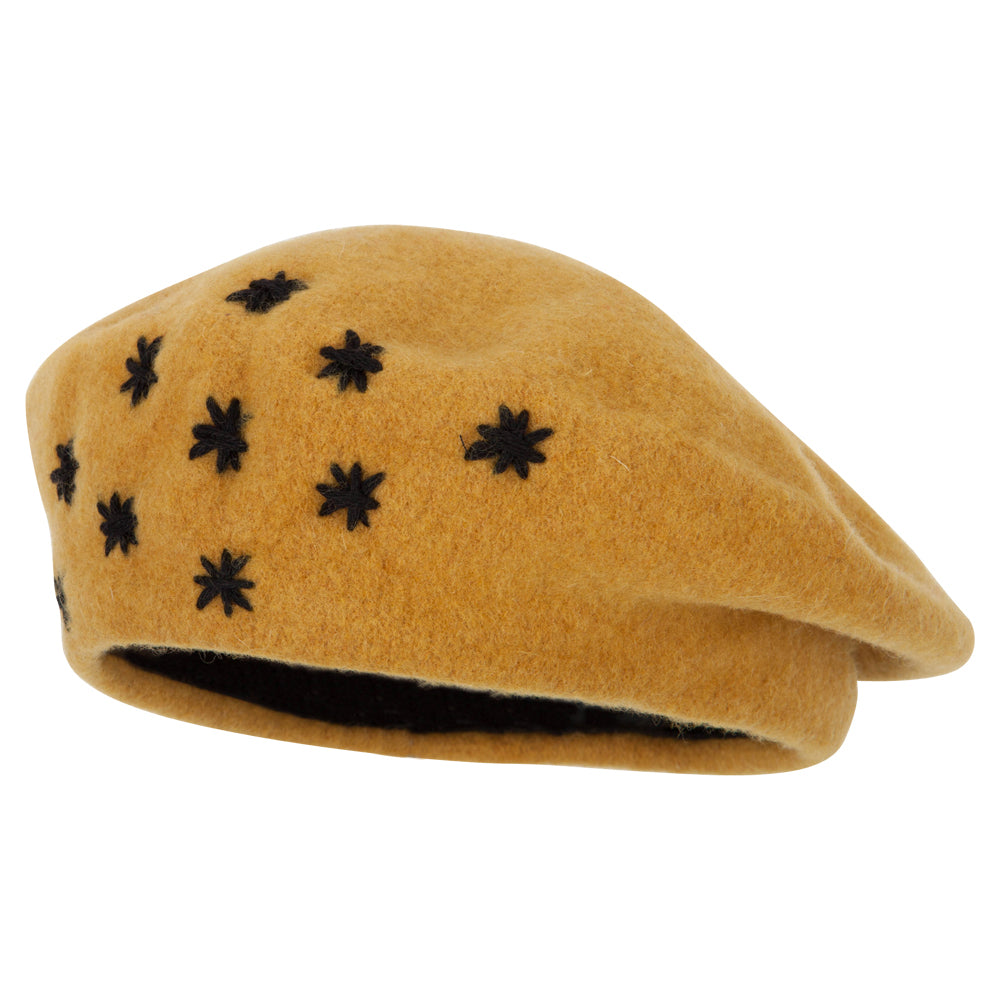 Ladies Stars Designed Wool Beret Hat - Mustard OSFM