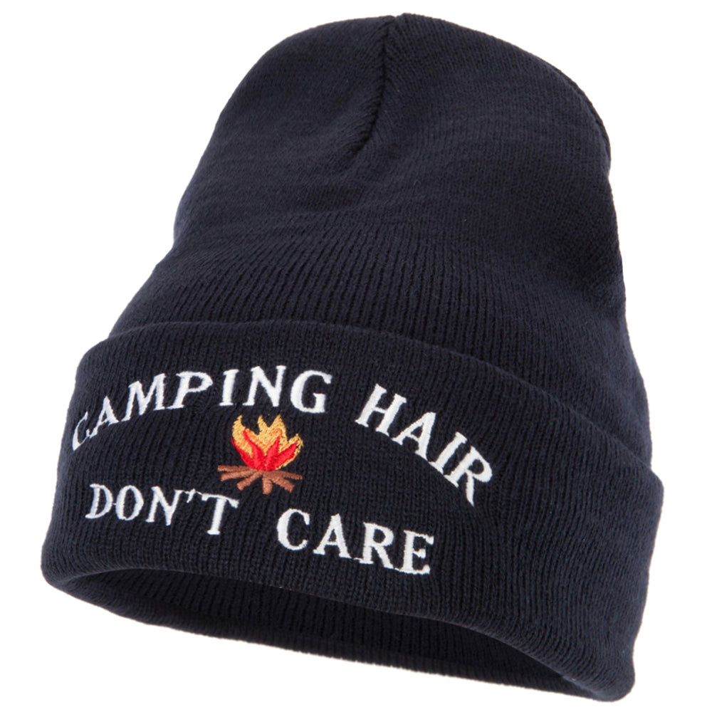 Camping Hair Don&#039;t Care with Fire Embroidered 12 Inch Long Knitted Beanie - Navy OSFM