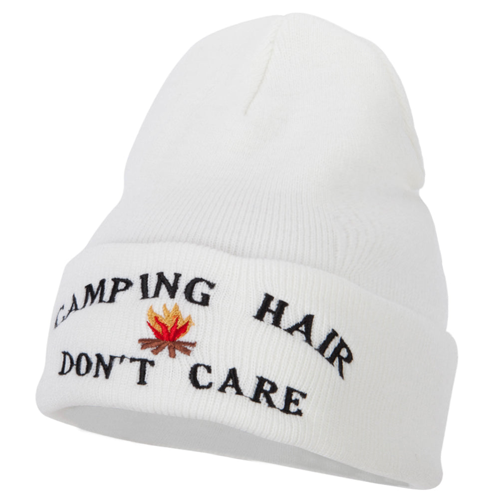 Camping Hair Don&#039;t Care with Fire Embroidered 12 Inch Long Knitted Beanie - White OSFM