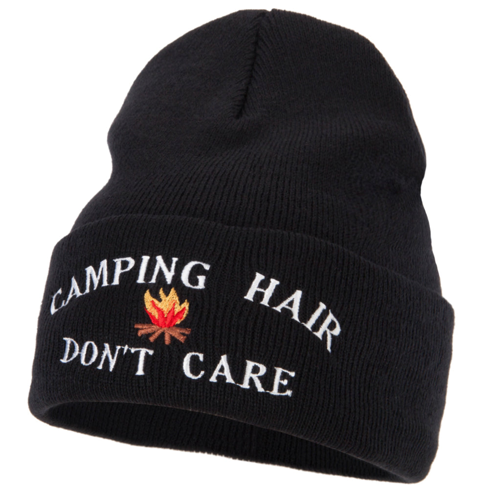 Camping Hair Don&#039;t Care with Fire Embroidered 12 Inch Long Knitted Beanie - Black OSFM