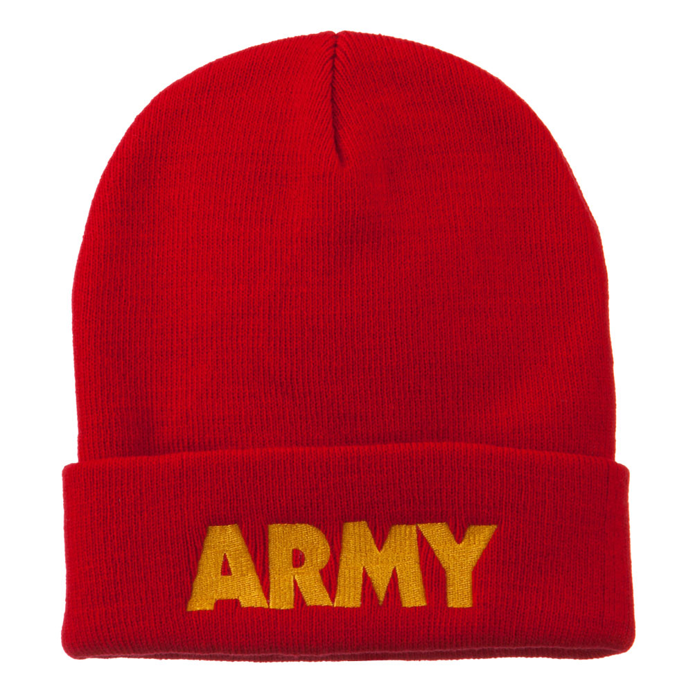 Army Embroidered Long Knitted Beanie - Red OSFM