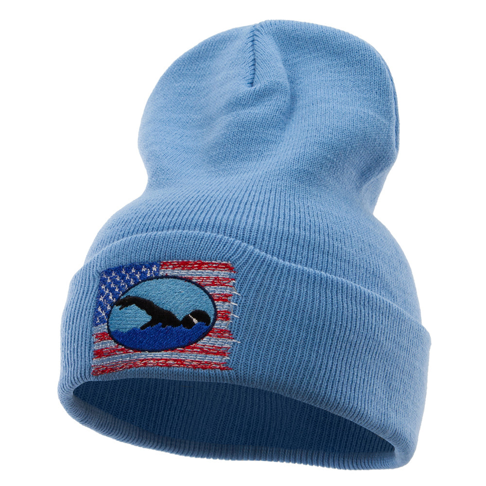 American Swimming Embroidered 12 Inch Long Knitted Beanie - Sky Blue OSFM