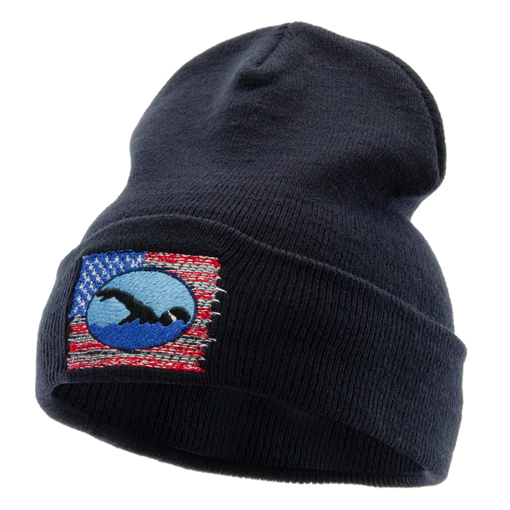 American Swimming Embroidered 12 Inch Long Knitted Beanie - Navy OSFM