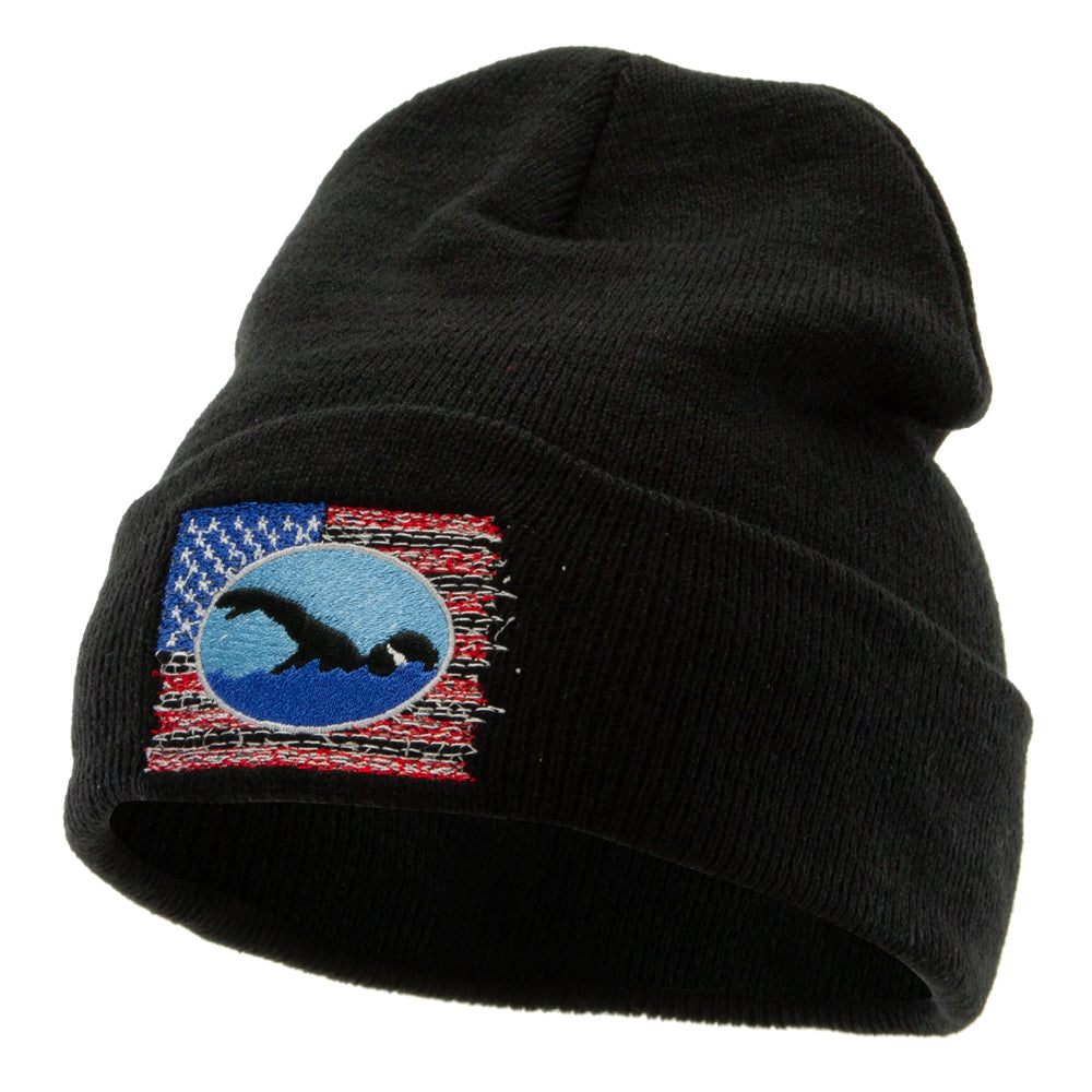 American Swimming Embroidered 12 Inch Long Knitted Beanie - Black OSFM