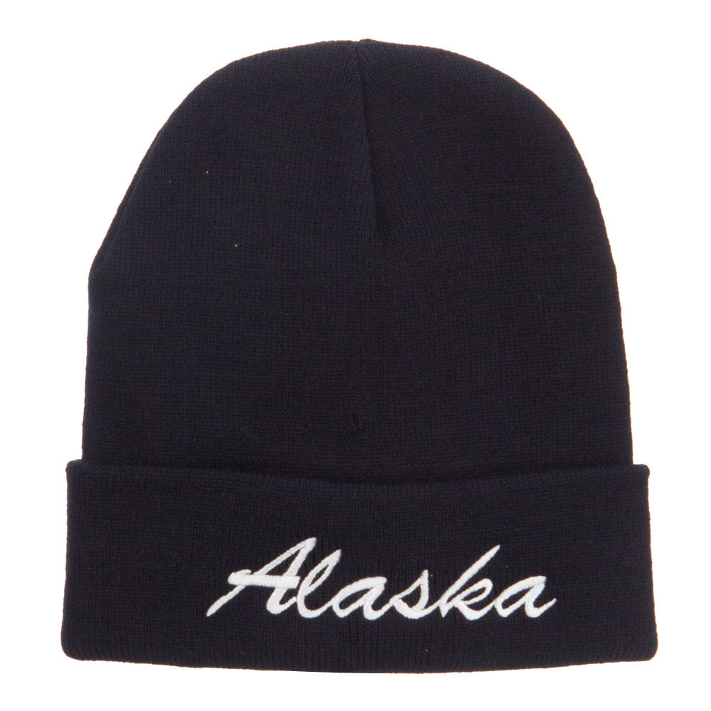 Alaska Embroidered Cuff Long Knit Beanie - Black OSFM